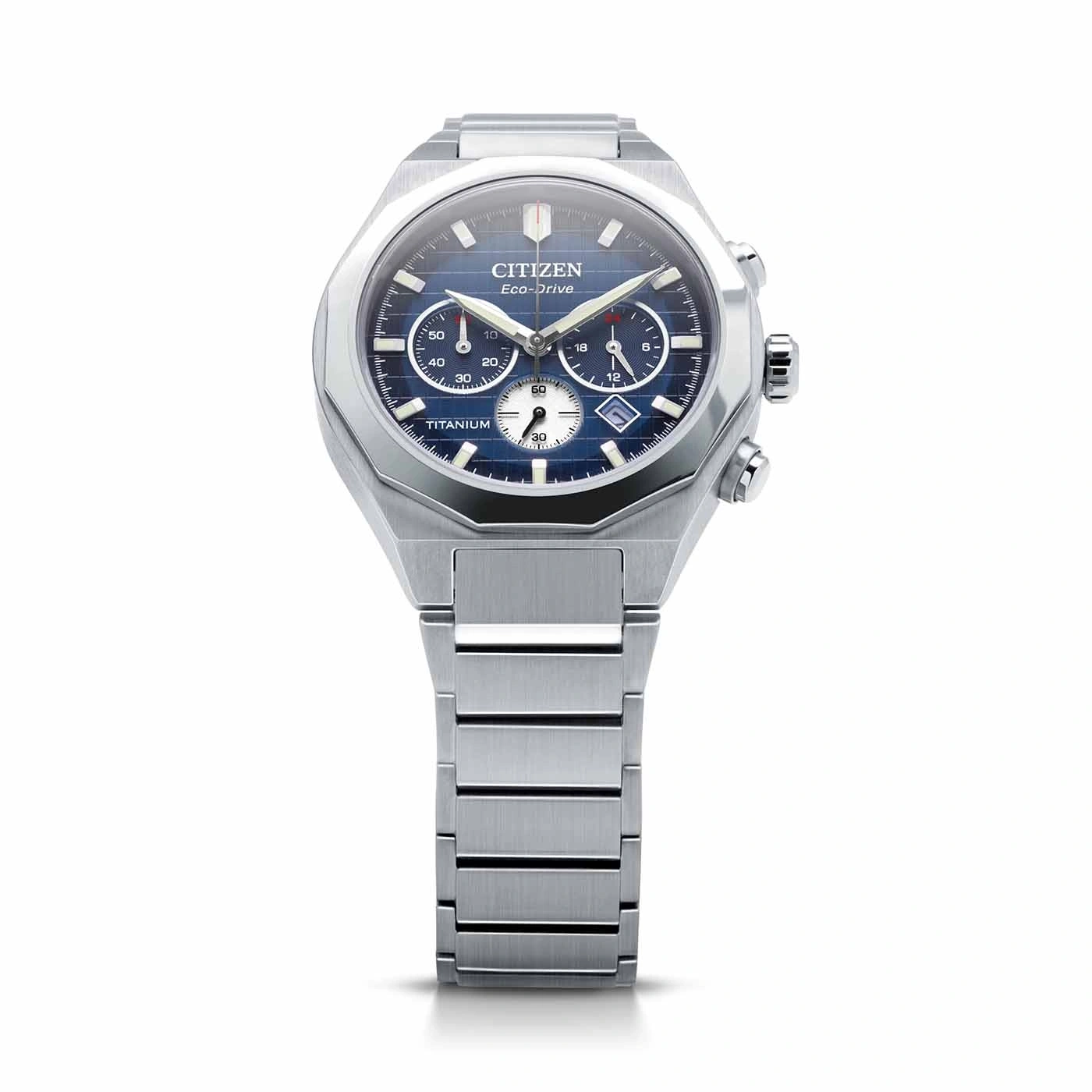 Citizen Eco-Drive titanium watch with blue face and chronograph features.