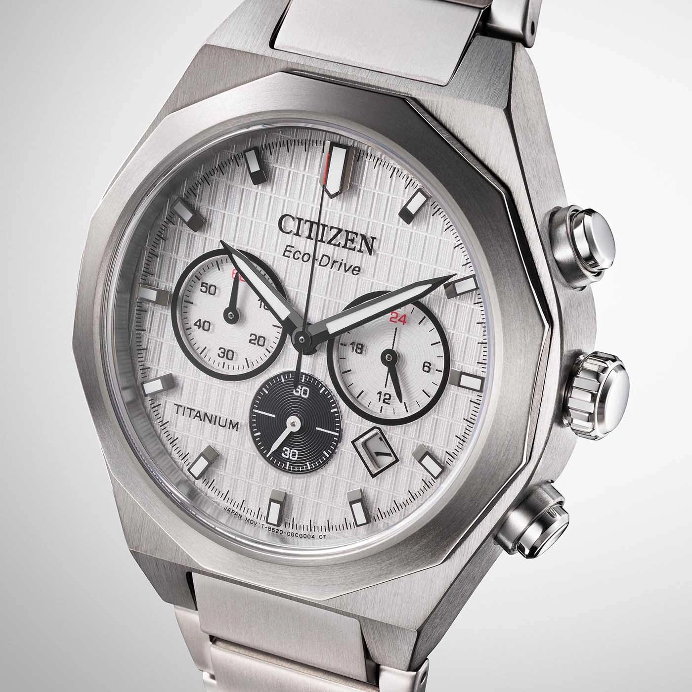 Citizen watch with titanium case, Eco-Drive, chronograph, silver dial, and date display.