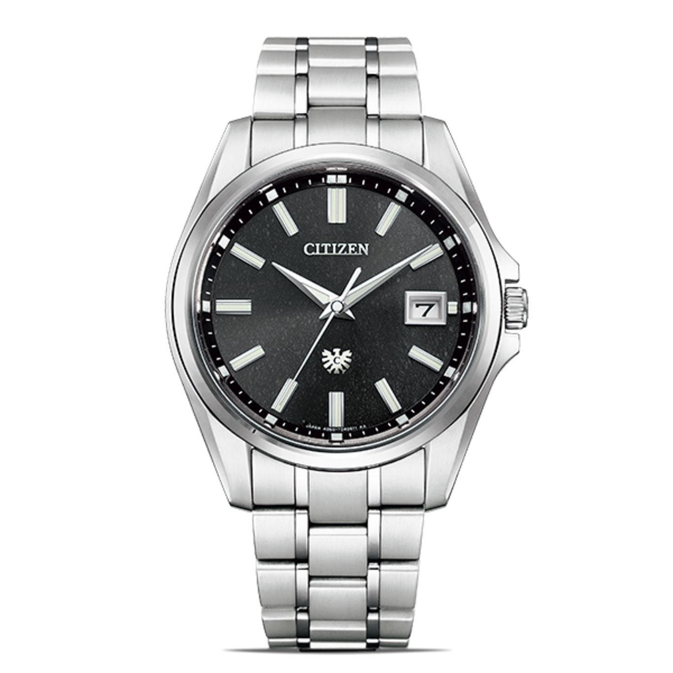 Citizen watch with a black dial and silver bracelet, date display.