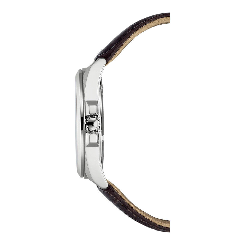 Side view of a silver watch with a brown leather strap