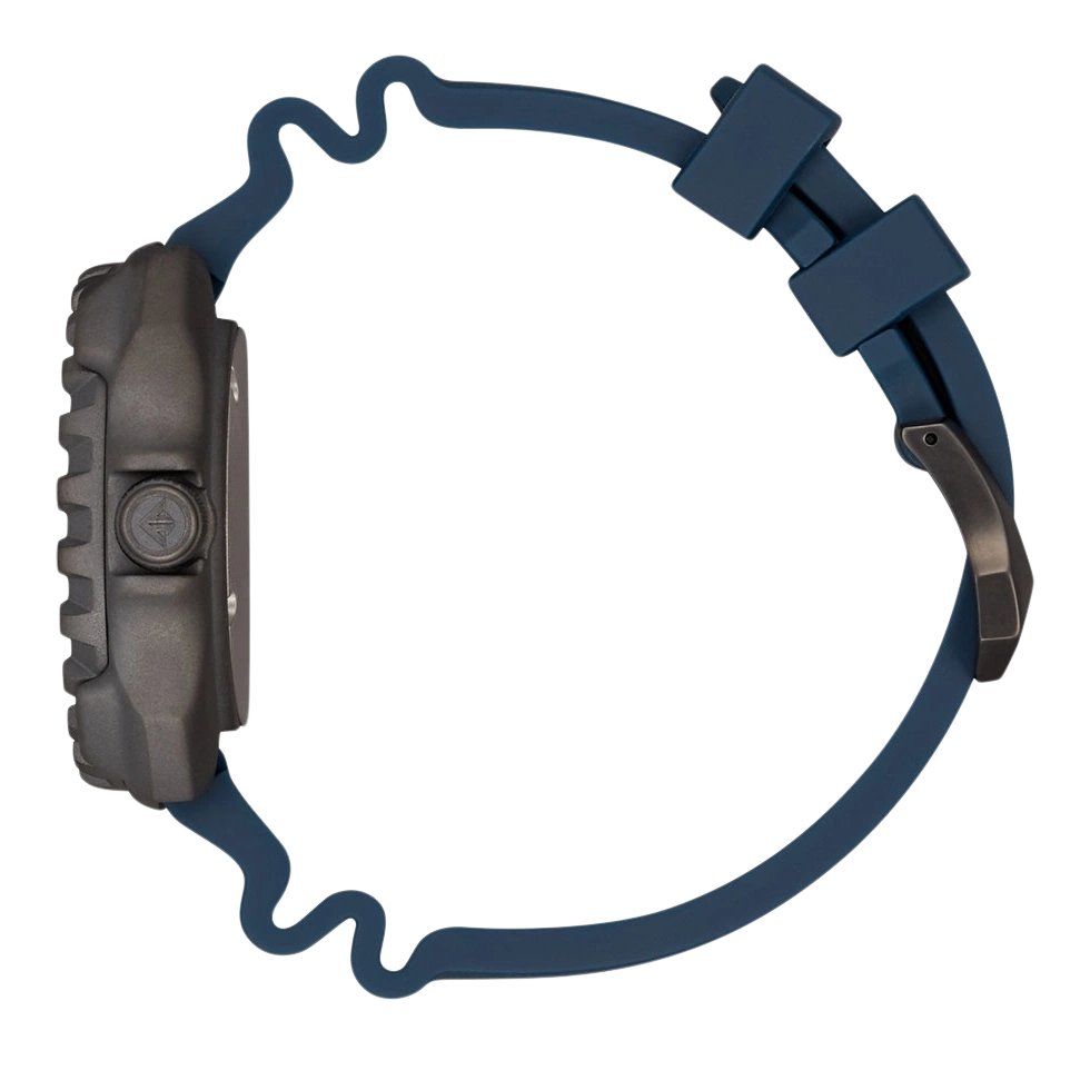 Side view of a dark gray watch with a blue strap.