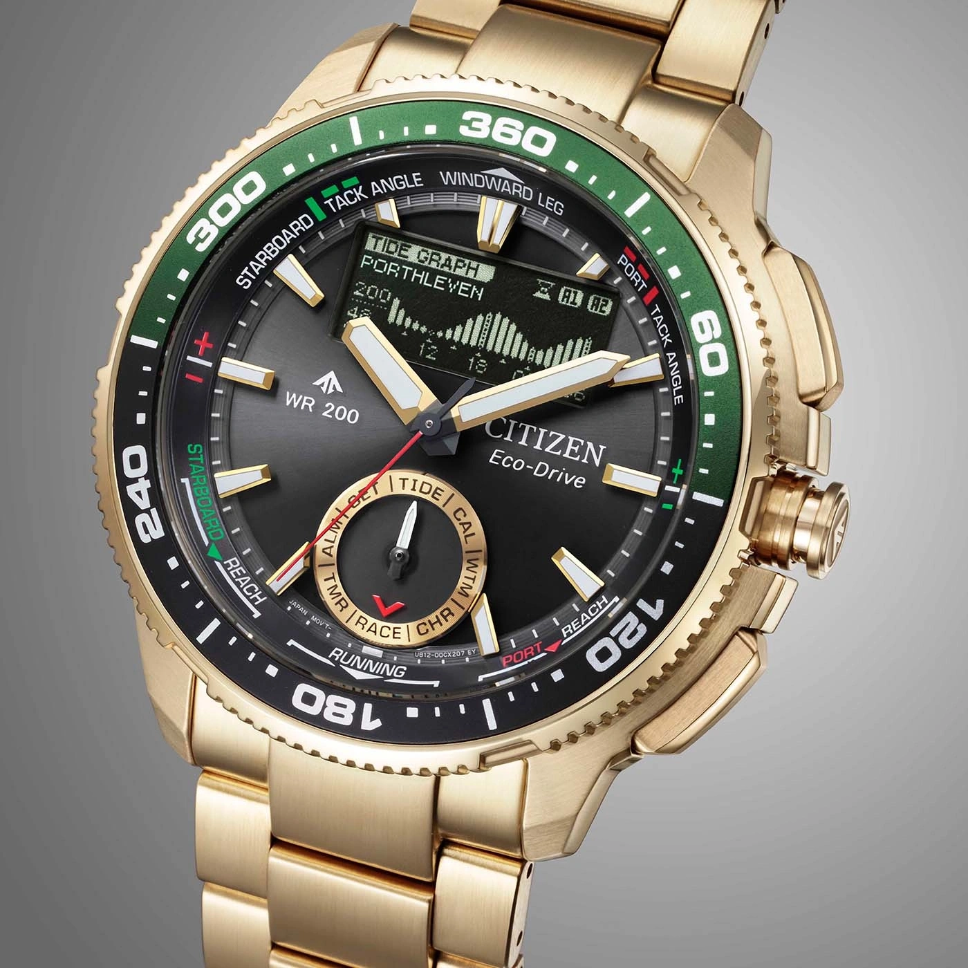 A gold Citizen Eco-Drive watch with a black dial and green bezel displays tide graph data.