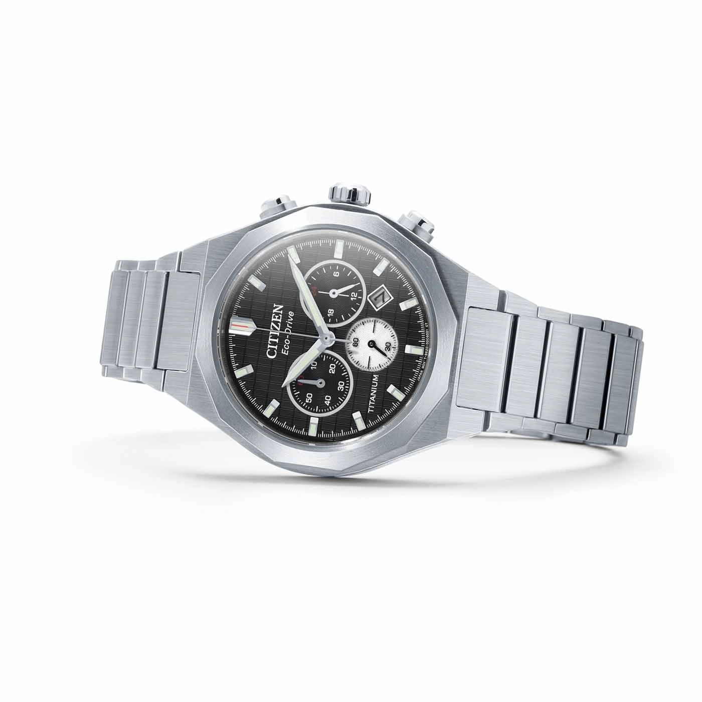 Citizen Eco-Drive titanium watch with black dial and silver bracelet