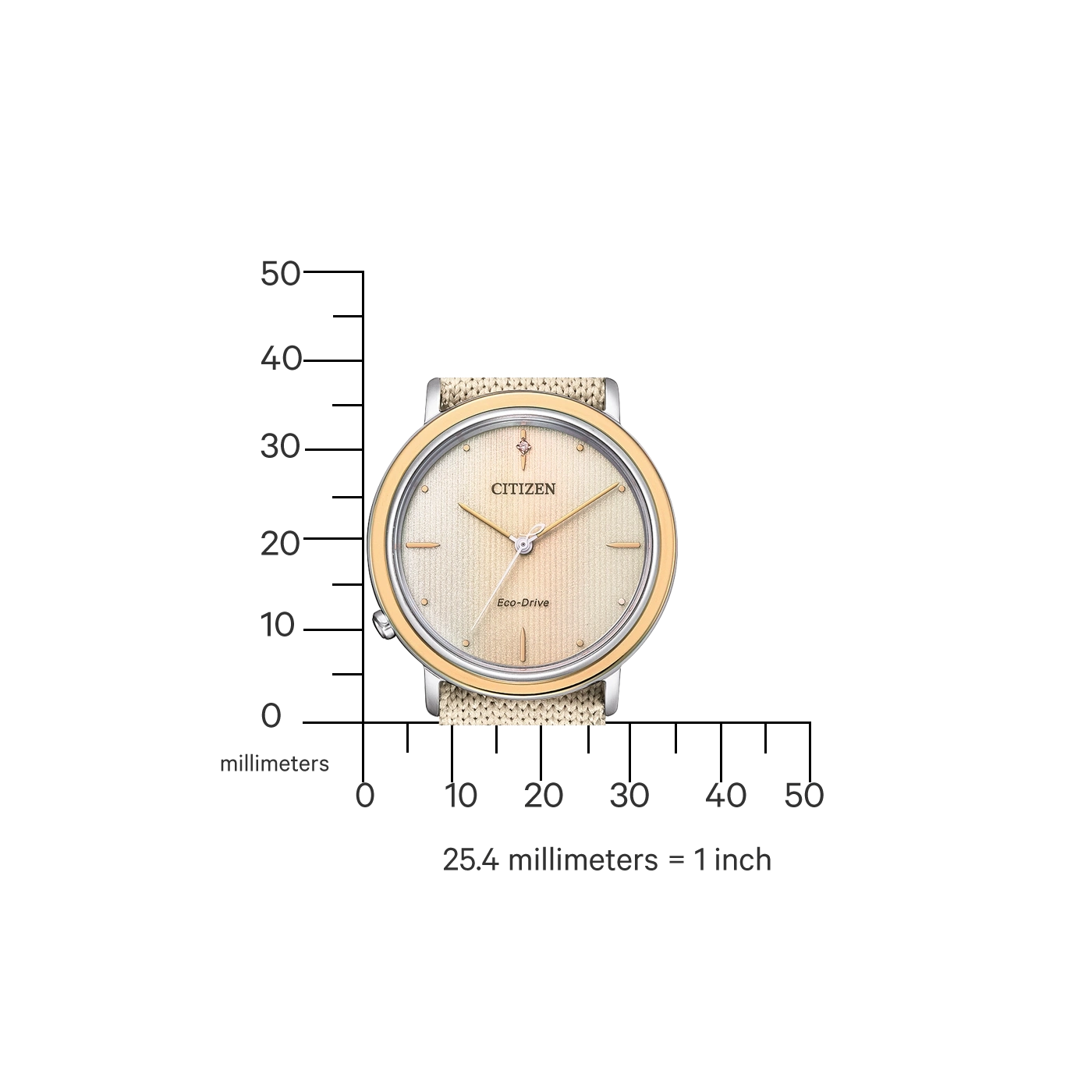 Citizen watch with a beige strap and gold accents, Eco-Drive technology.