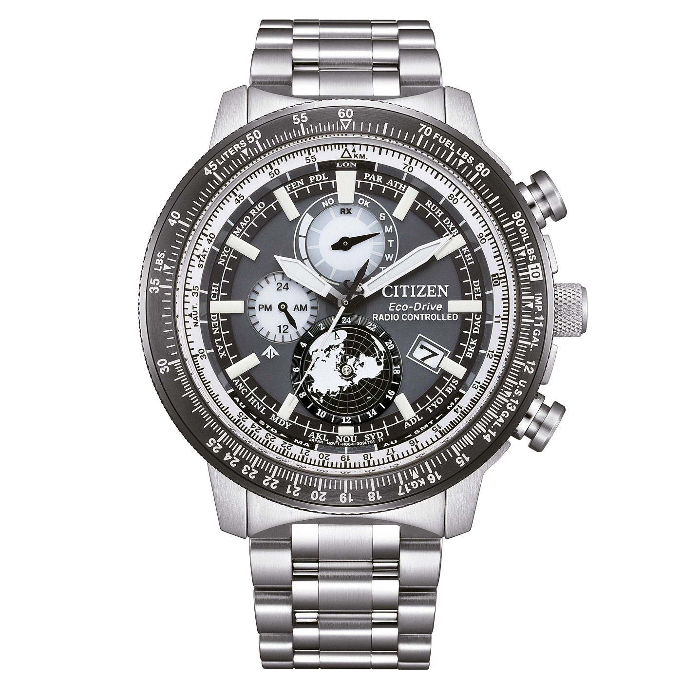 Citizen Eco-Drive watch with multiple dials and a world map design on the face.