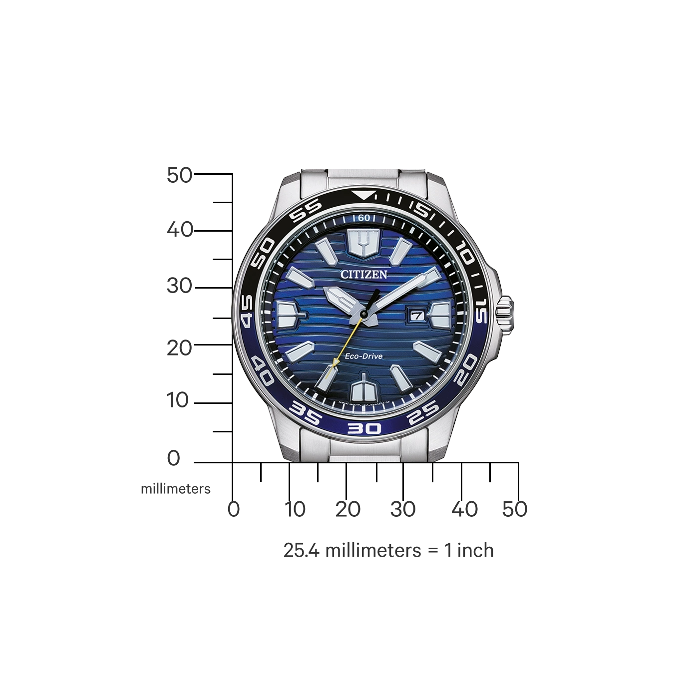 Citizen watch with blue dial and silver band, Eco-Drive technology, and a date display.