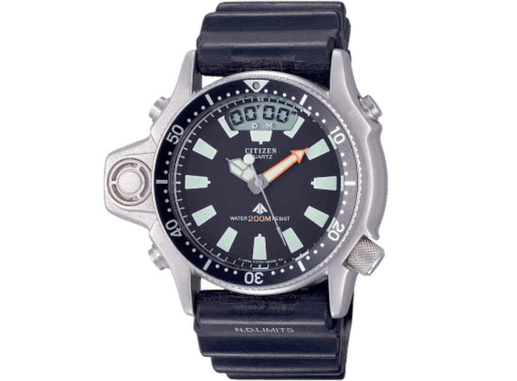 Citizen quartz watch with black dial and rubber strap, water resistant to 200m