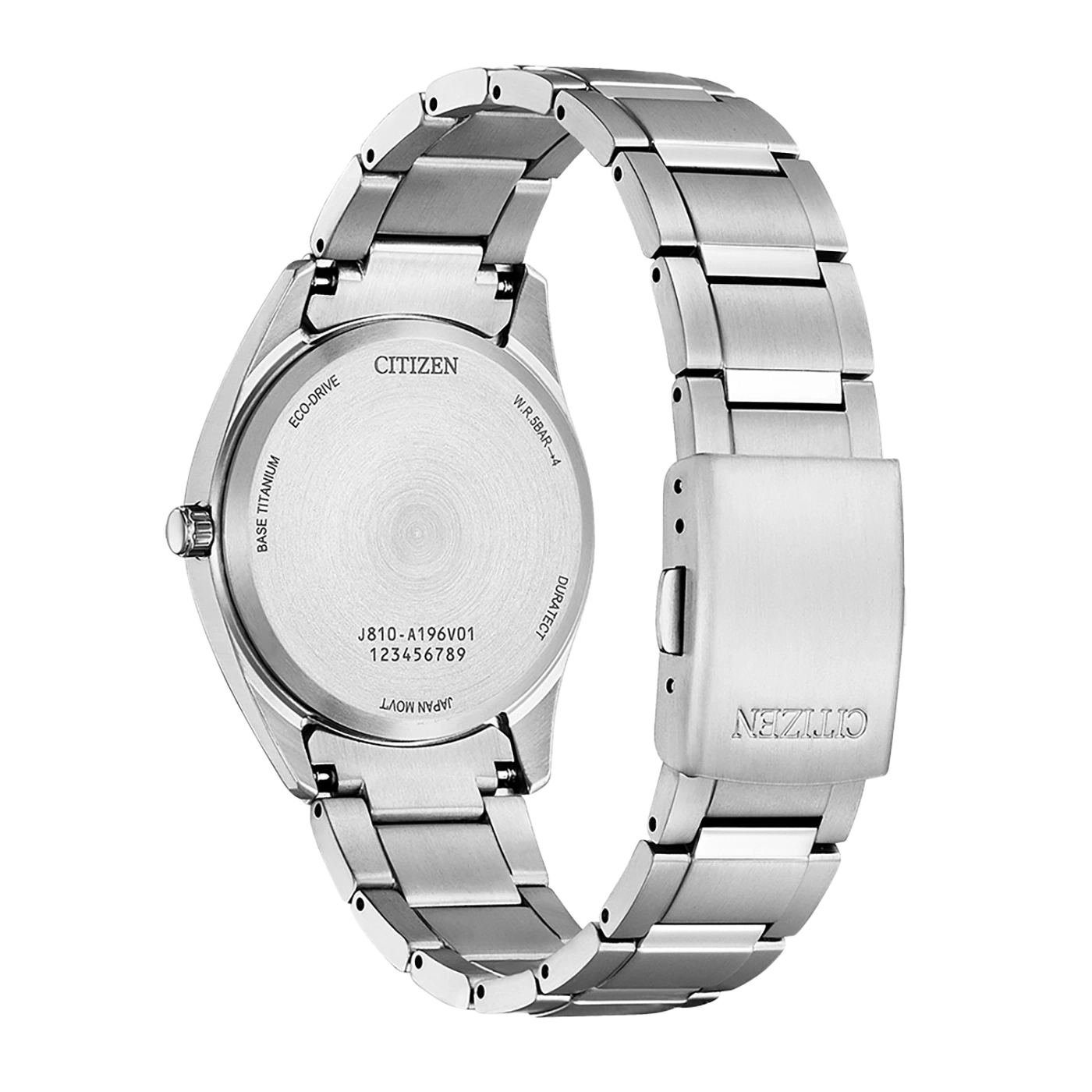 Citizen watch back, titanium, Eco-Drive, water resistant, Japan movement