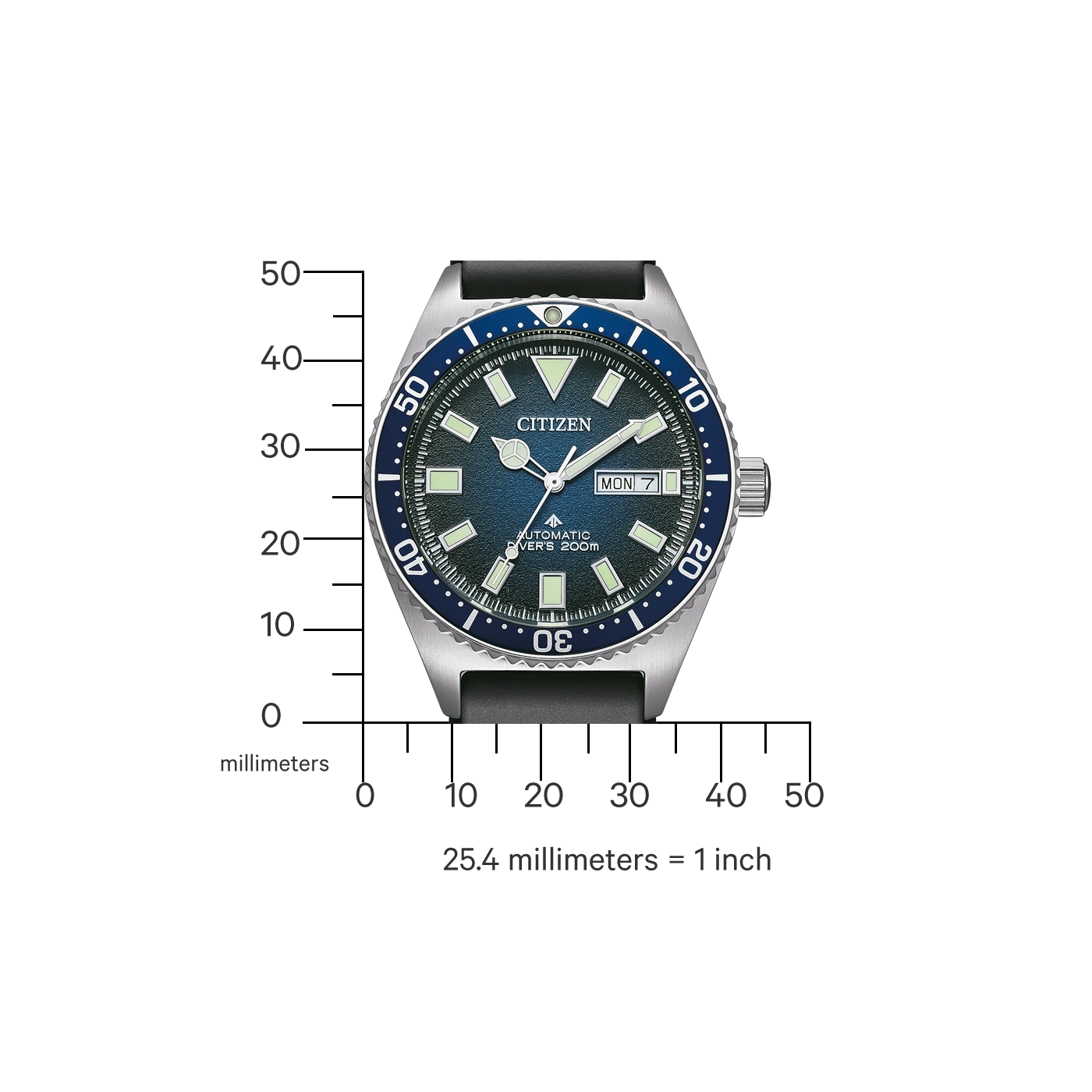 Citizen watch with blue dial, black strap, and measurement scale.