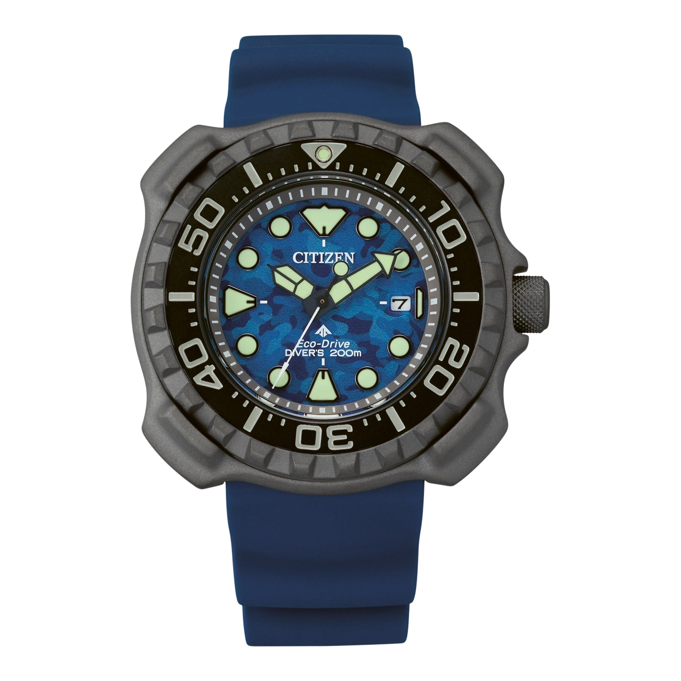 Citizen watch with blue camouflage dial and blue strap, diver's watch