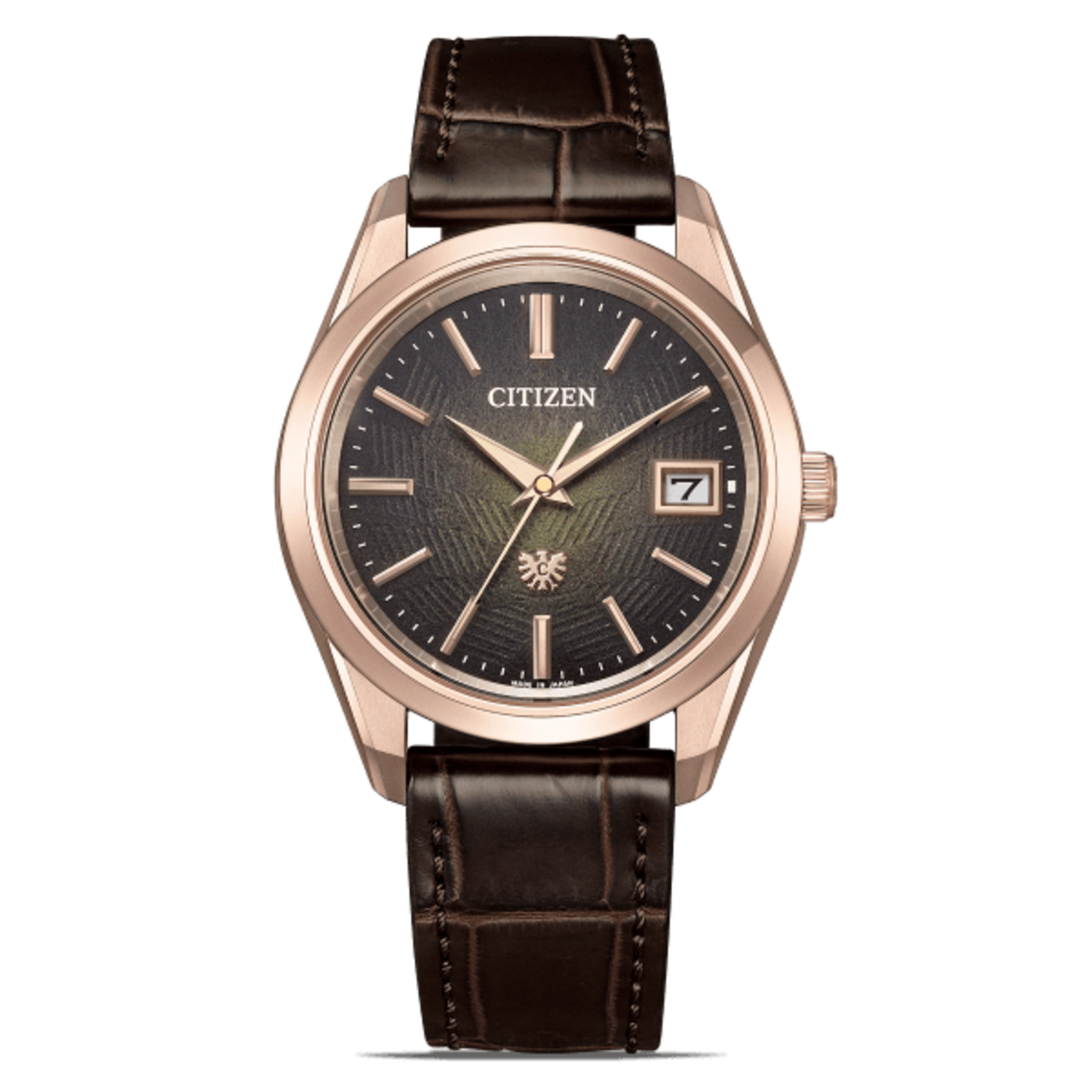 Citizen watch with a brown leather strap and a dark face with a date display.