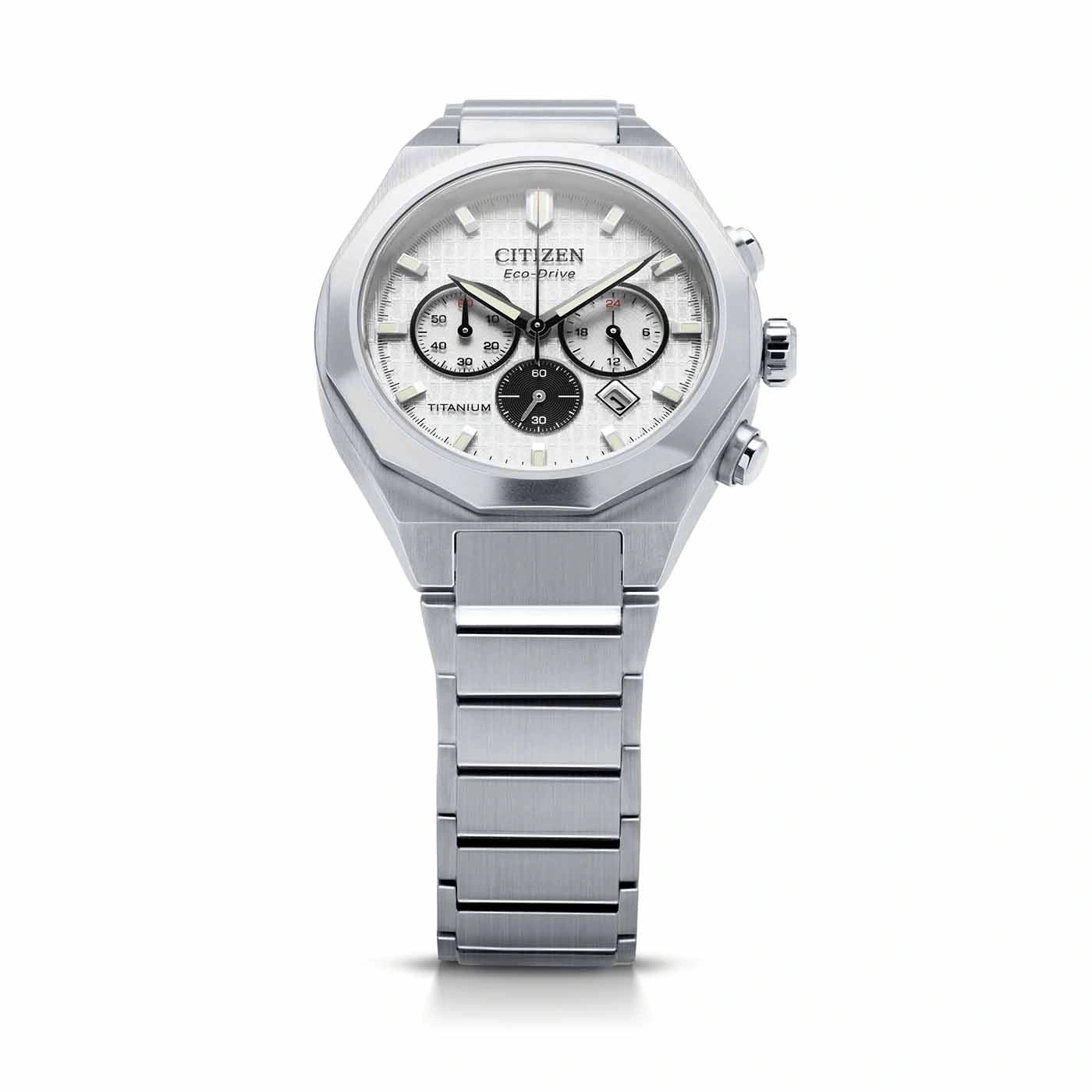Citizen Eco-Drive titanium watch with a white face and chronograph features.