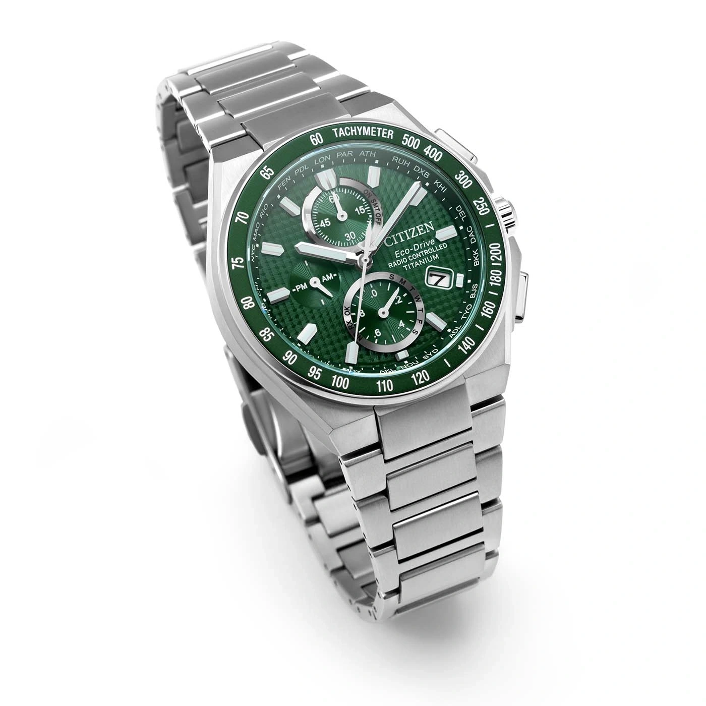 A close-up shot of a green Citizen Eco-Drive watch with a metal band