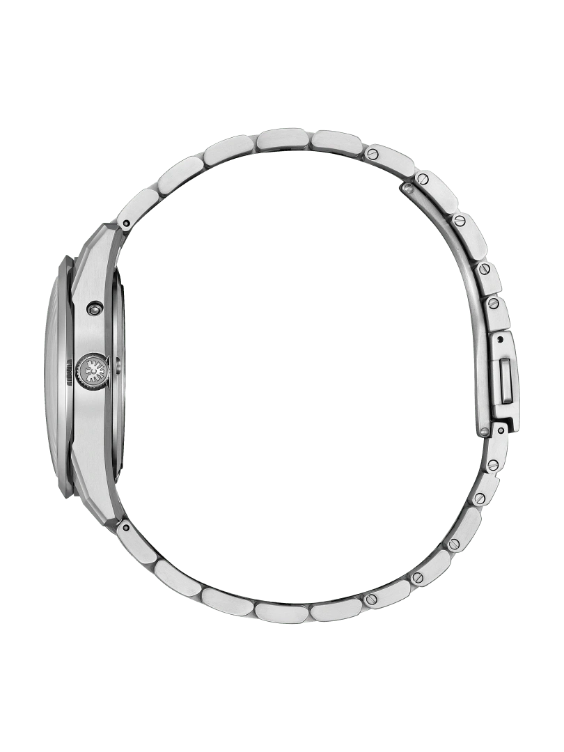 Side view of a silver wristwatch with a metal band on green background