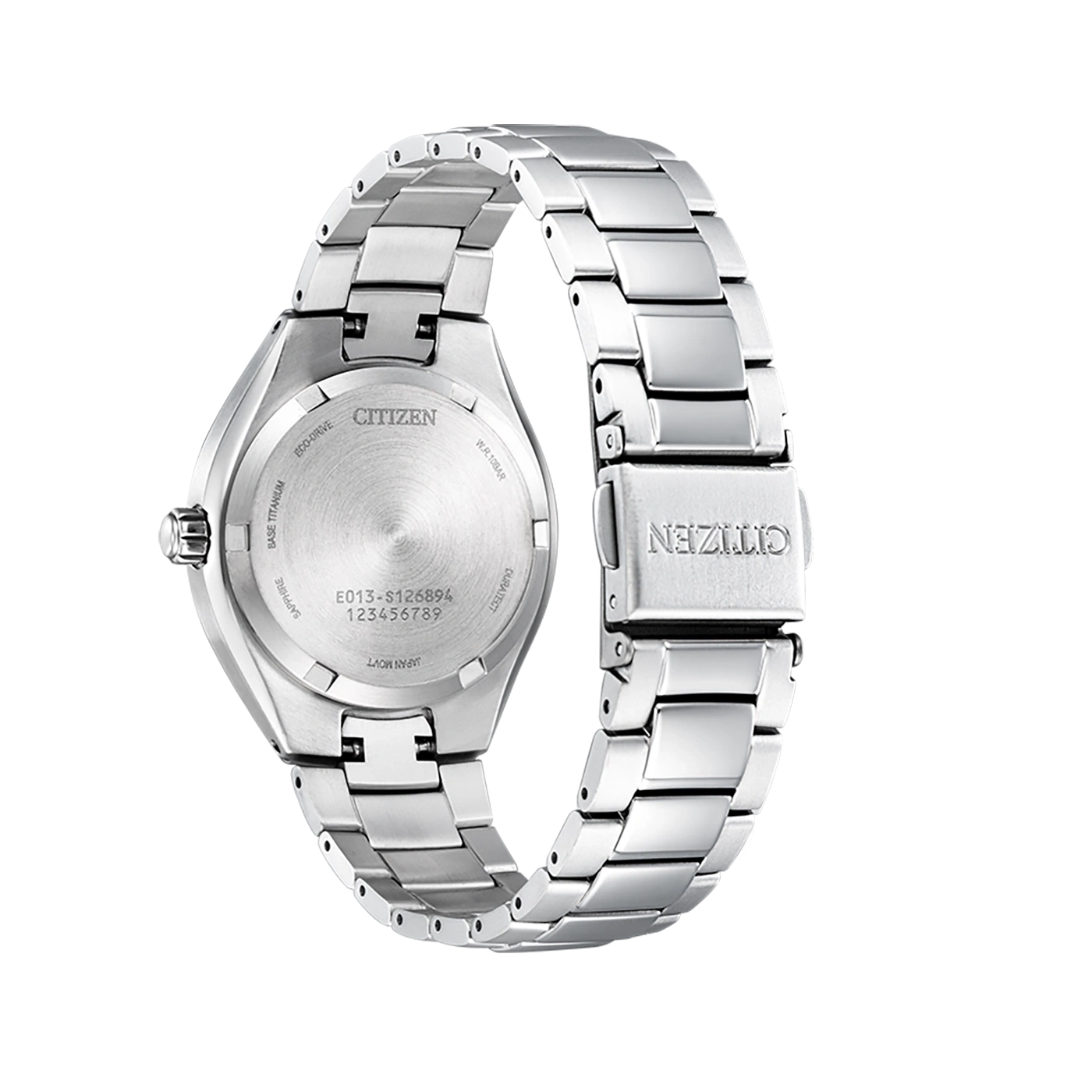 Citizen watch back, titanium, sapphire, eco-drive, Japan movt, W.R.10BAR, Duratect
