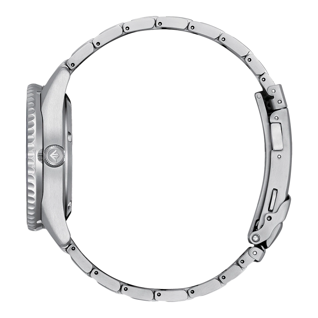 Side view of a silver watch with a metal band and a round face.
