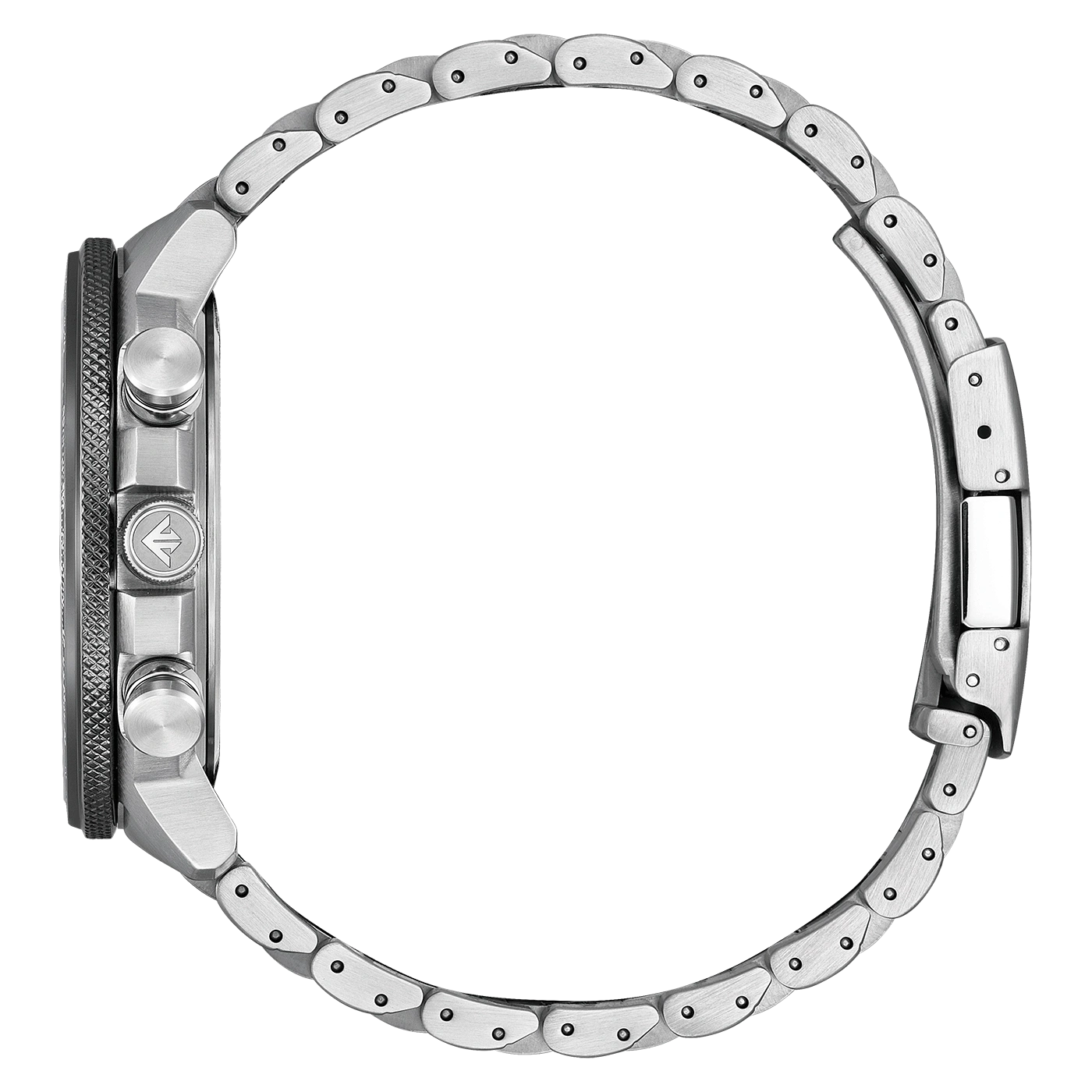 Side view of a silver watch with a metal band and buttons.