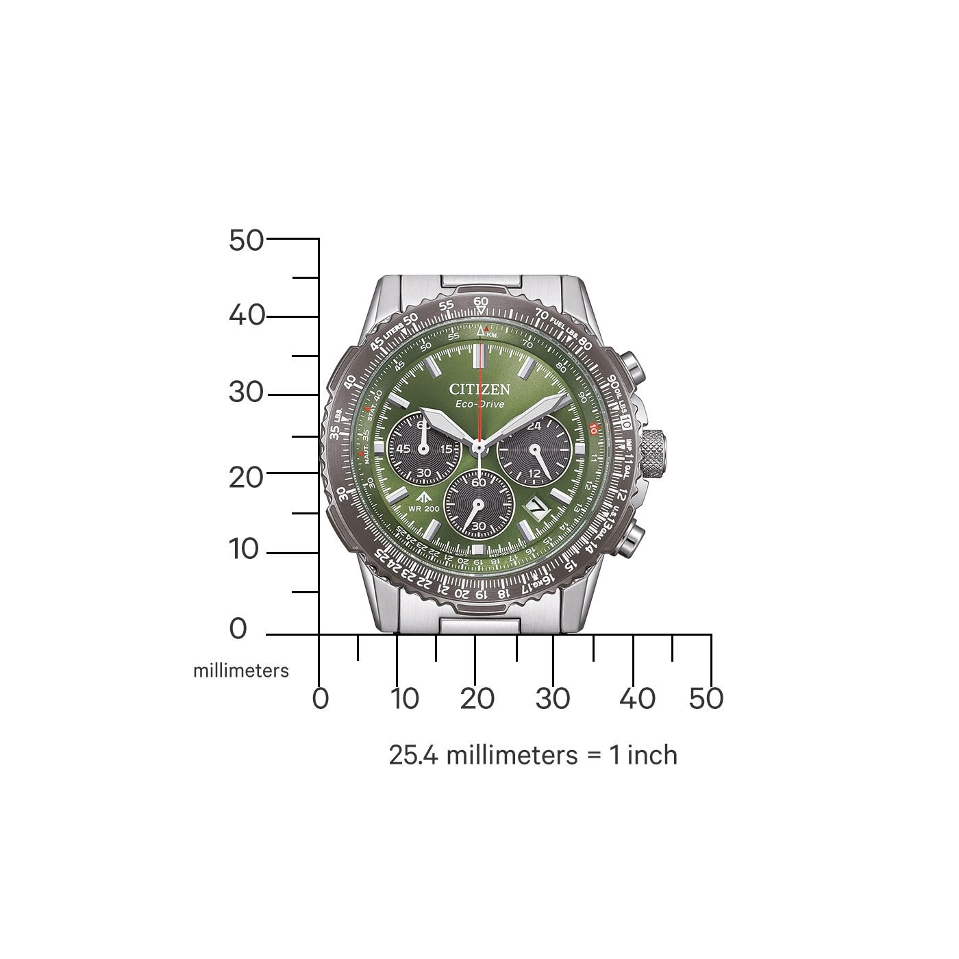 Citizen Eco-Drive watch with green face and measurement scale.