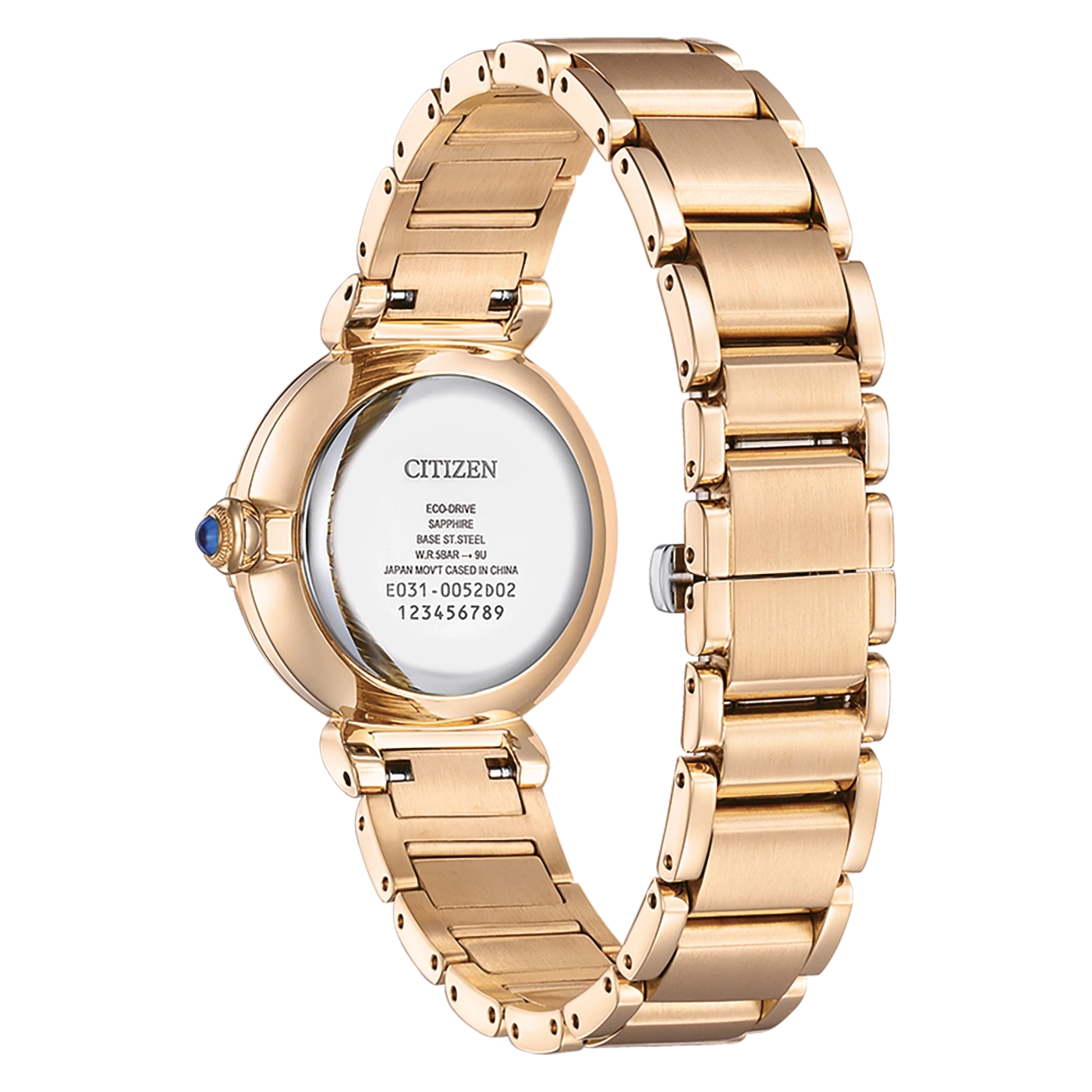 Citizen watch, gold, Eco-Drive, sapphire, stainless steel, Japan movement, China made.