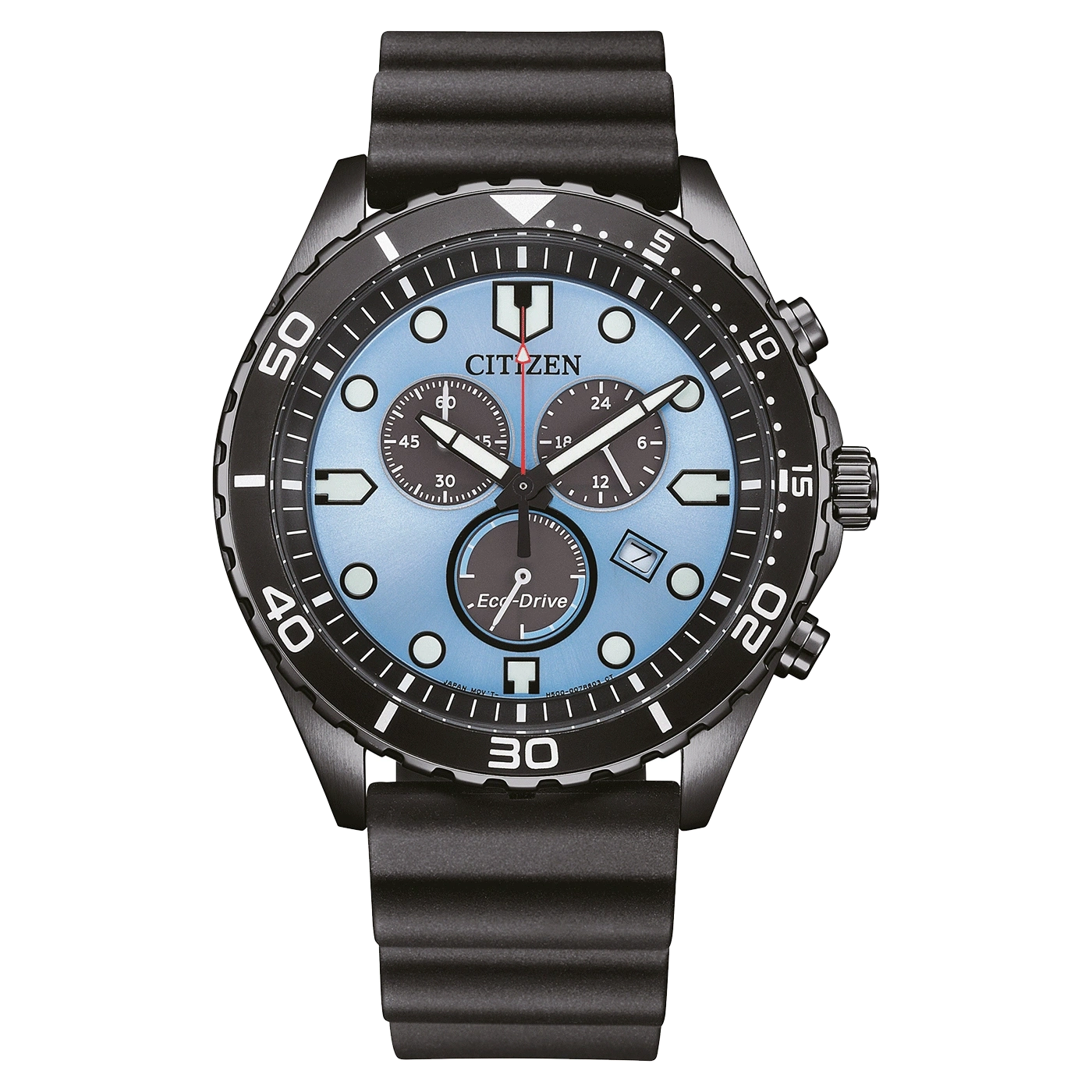 Citizen watch with a black bezel and a light blue dial.