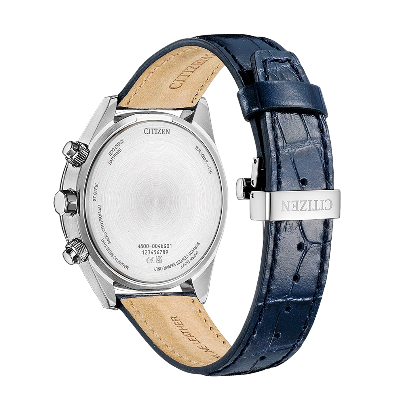 Citizen watch back, blue leather strap, stainless steel, Eco-Drive, sapphire glass.