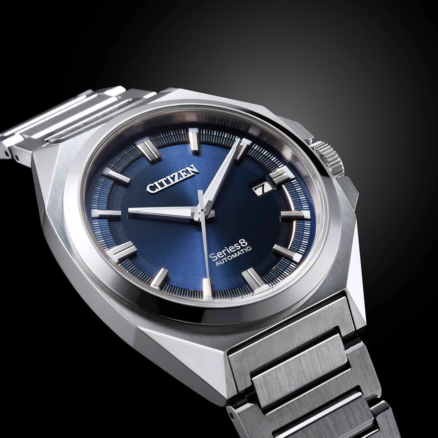 Citizen Series 8 automatic watch with blue dial and silver bracelet