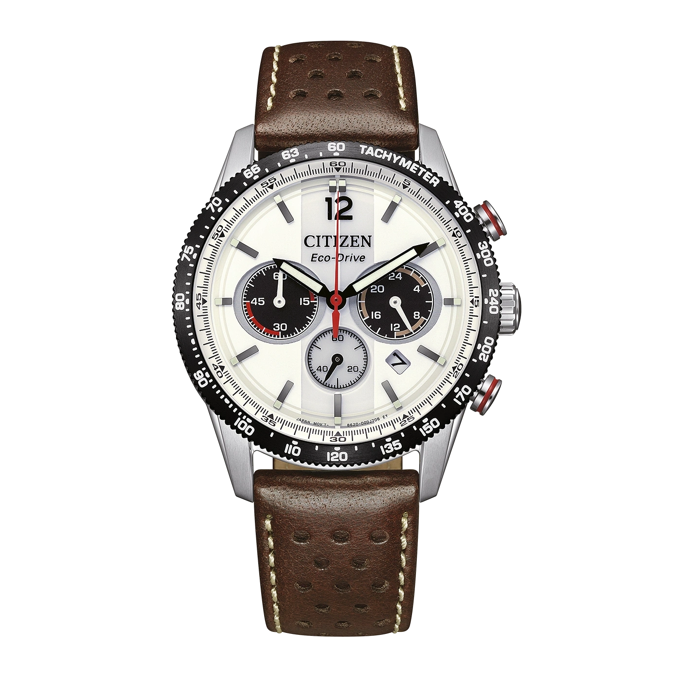 A white Citizen Eco-Drive chronograph watch with a brown leather strap.