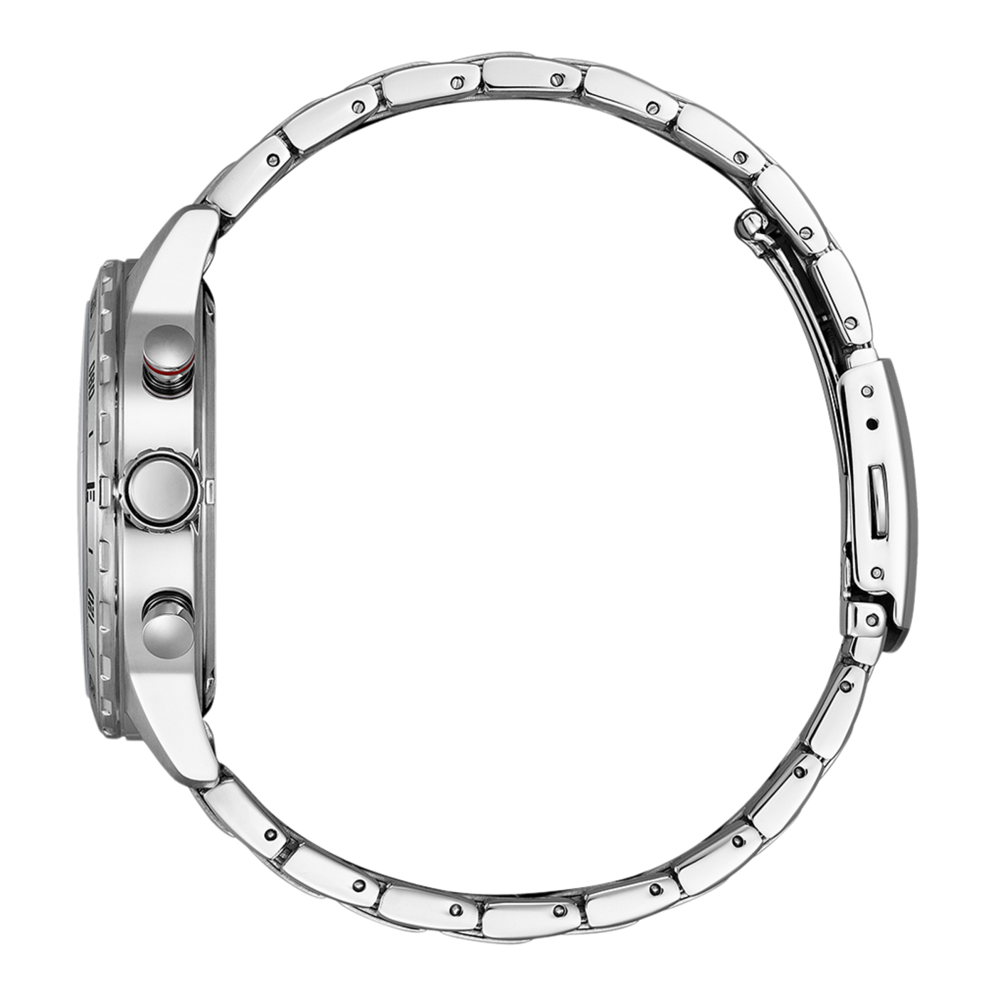 Silver watch with a metal band, side view, close-up, shiny, elegant.
