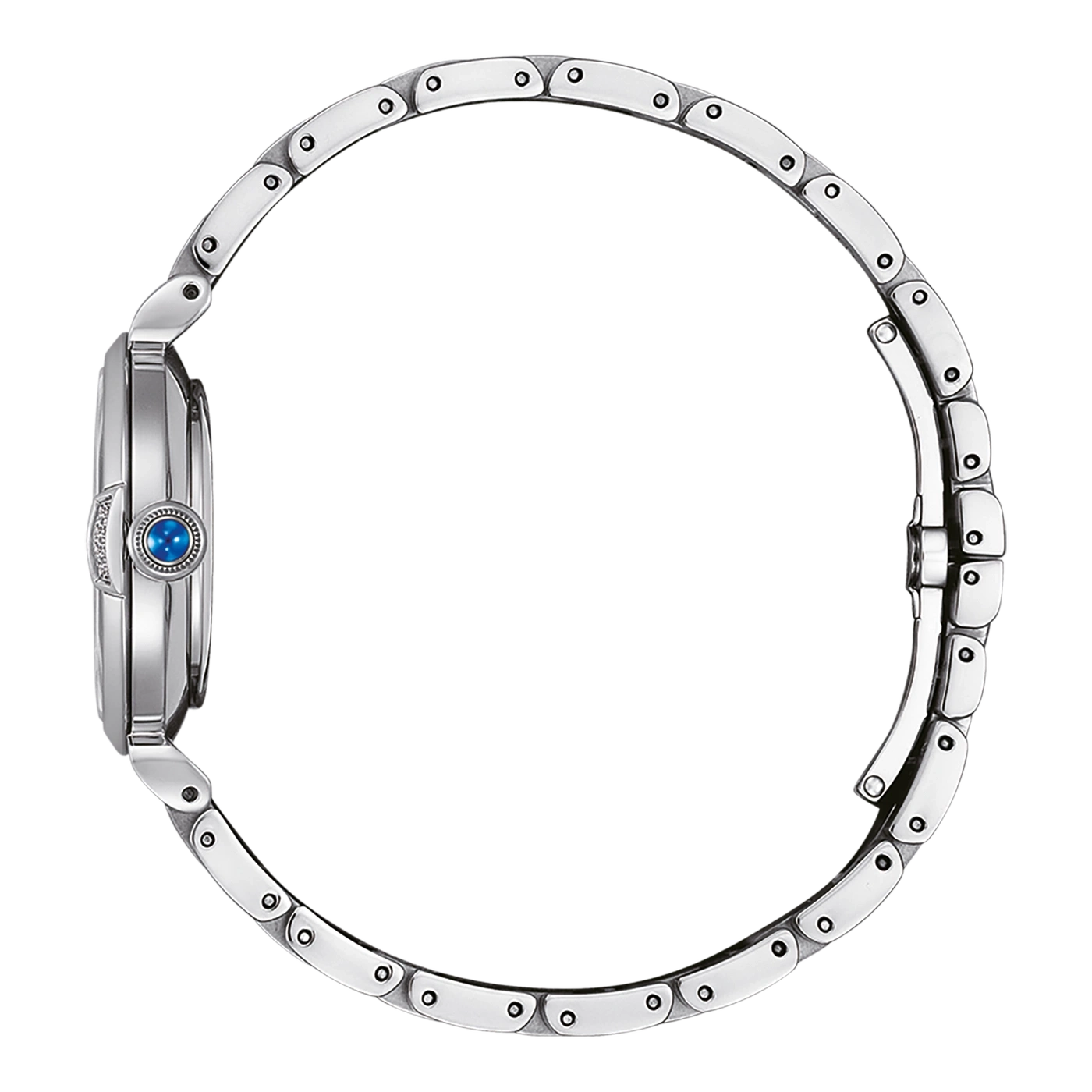 Silver watch with blue gem and diamond accents, side view, elegant design