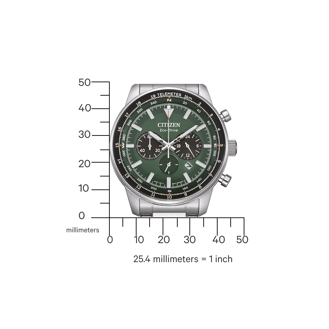 Citizen Eco-Drive watch with green face, chronograph, and telemeter scale, measuring millimeters.