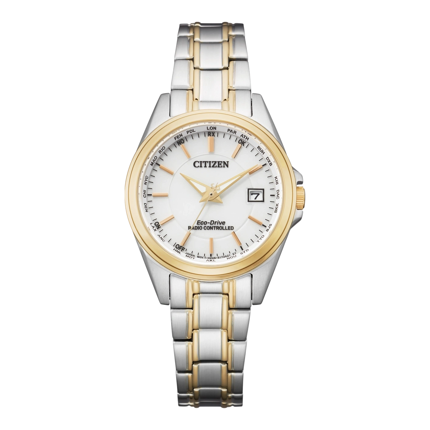 Citizen watch with white face, gold accents, and date display. Silver and gold band.