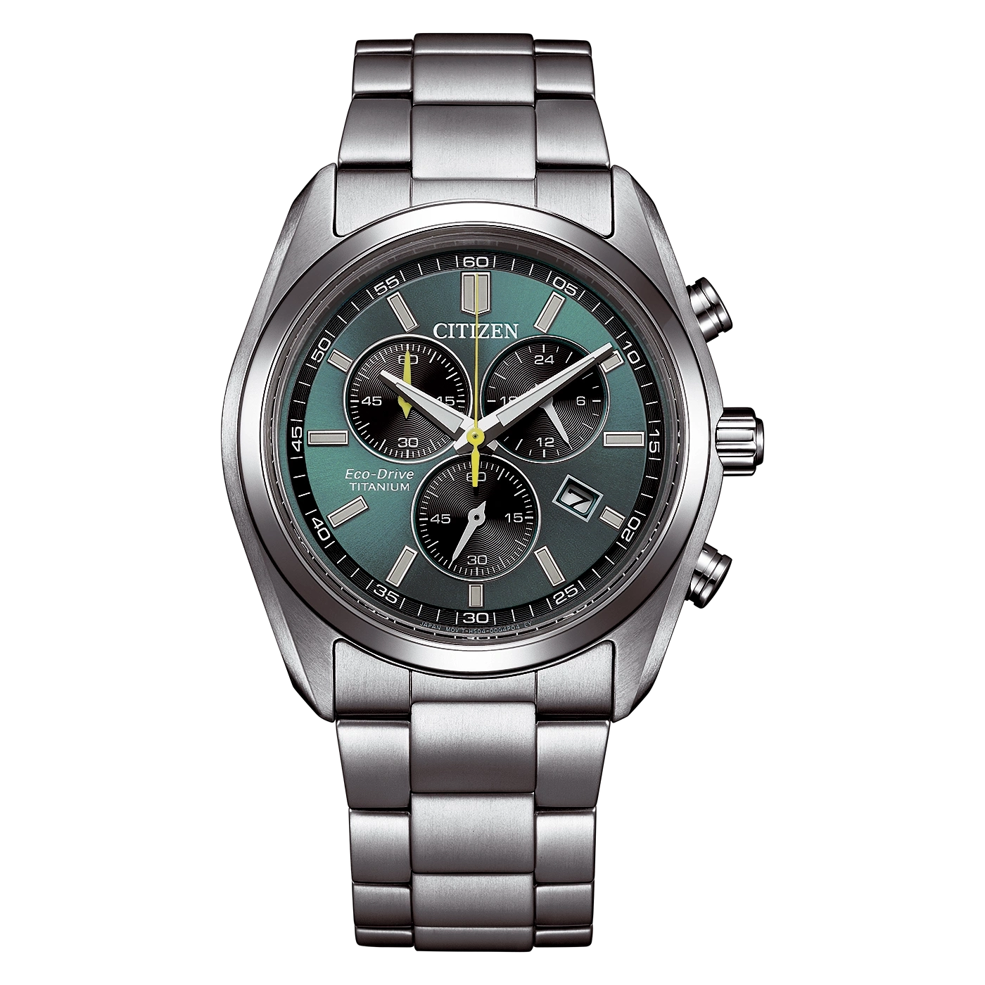 A Citizen Eco-Drive Titanium chronograph watch with a green dial.