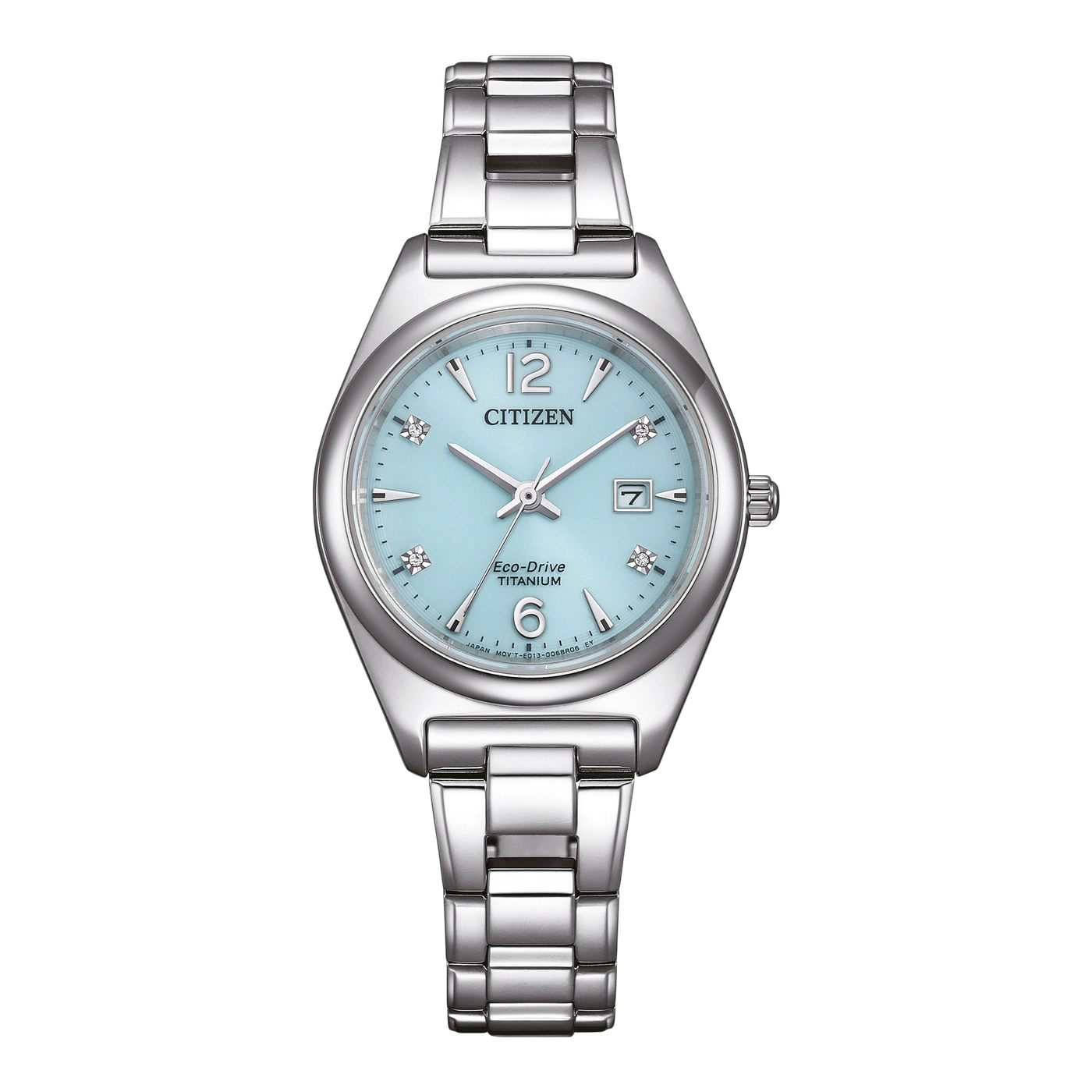 Citizen Eco-Drive Titanium watch with a light blue face and silver band.