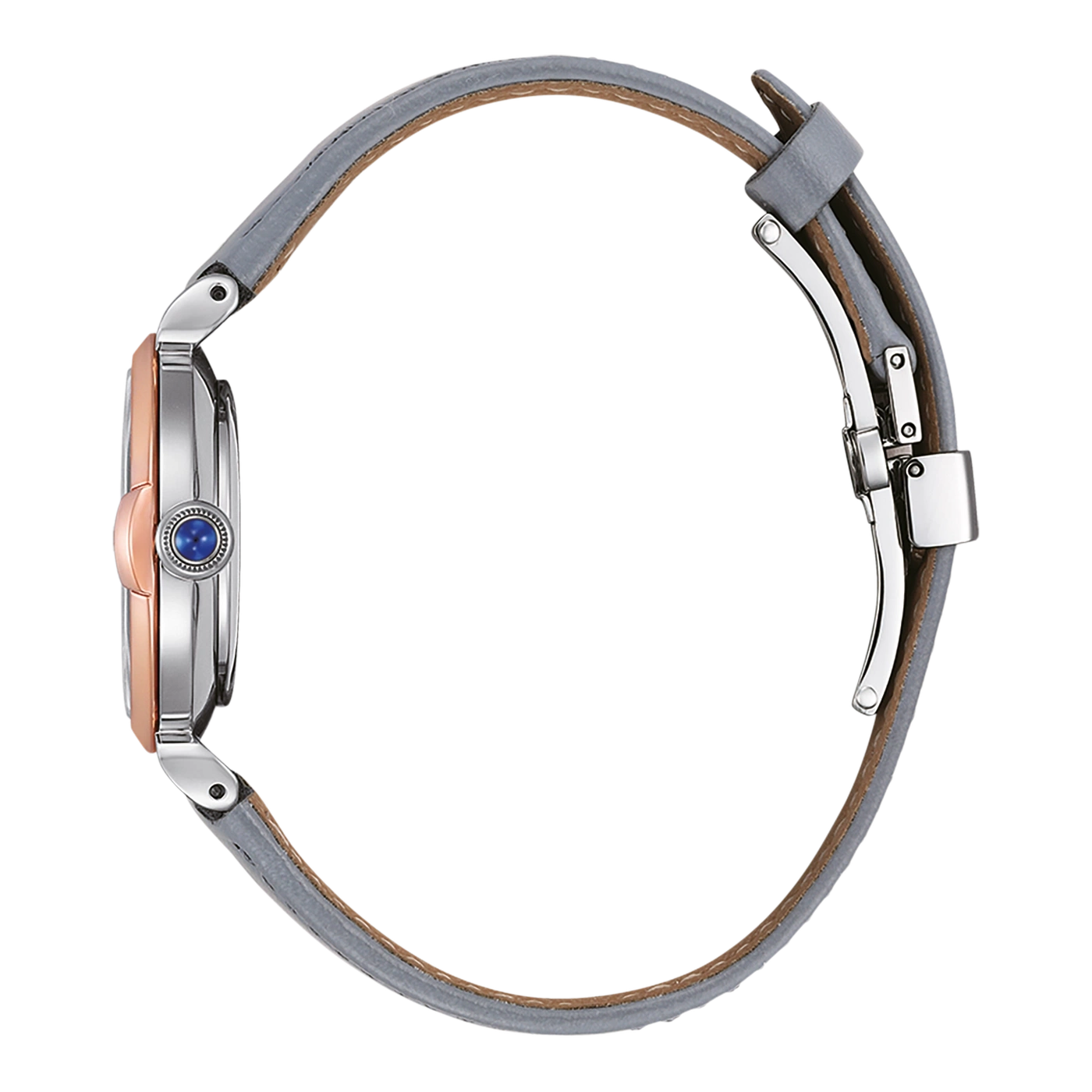 Side view of a silver and rose gold watch with a blue gem and grey strap.
