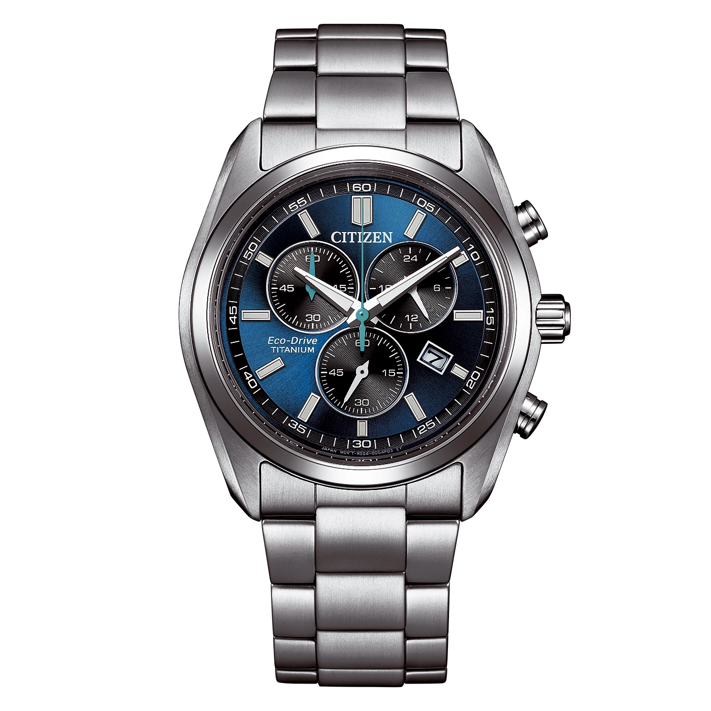 A metallic Citizen Eco-Drive watch with a blue dial.