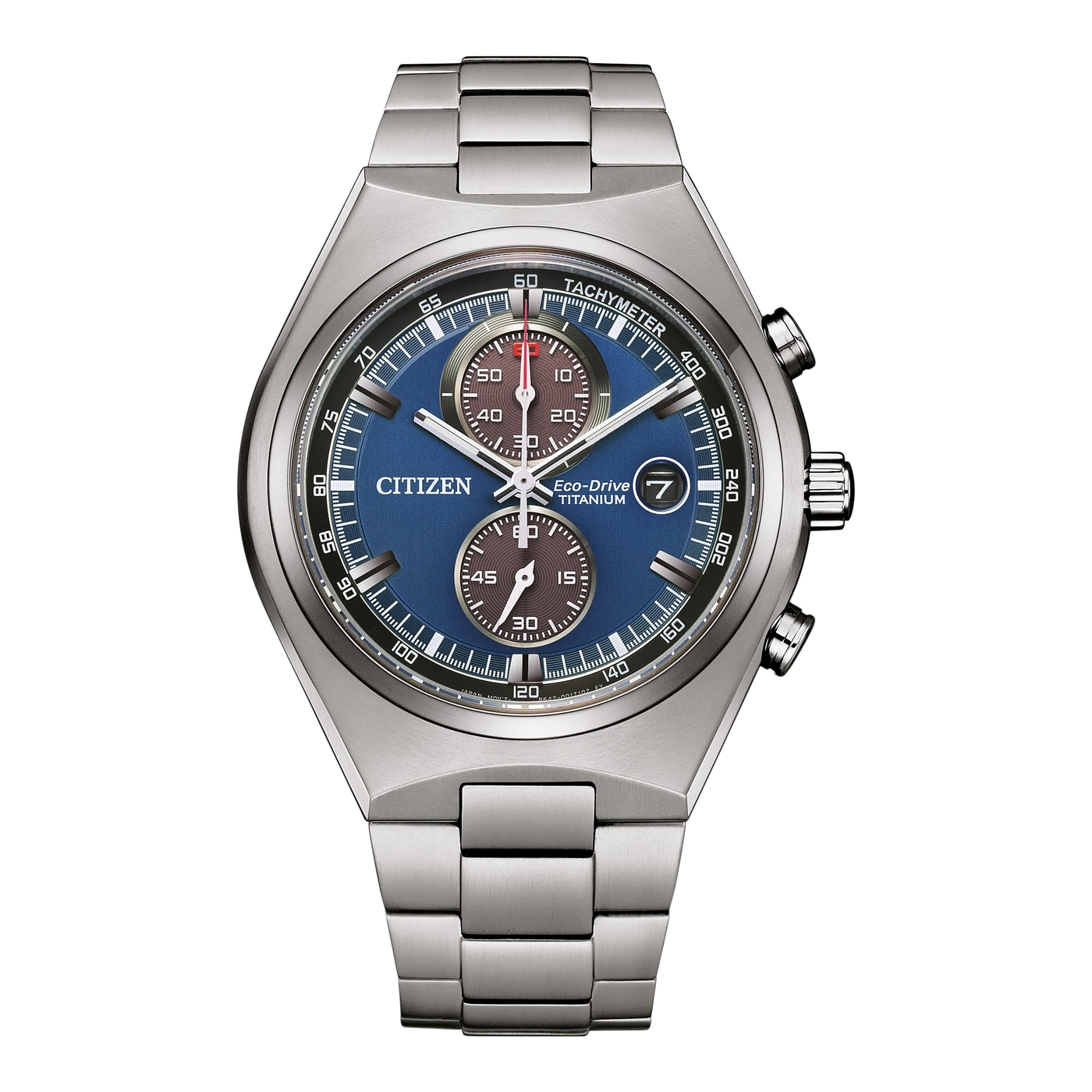 Citizen watch with blue dial, chronograph, and titanium bracelet. Eco-Drive technology.