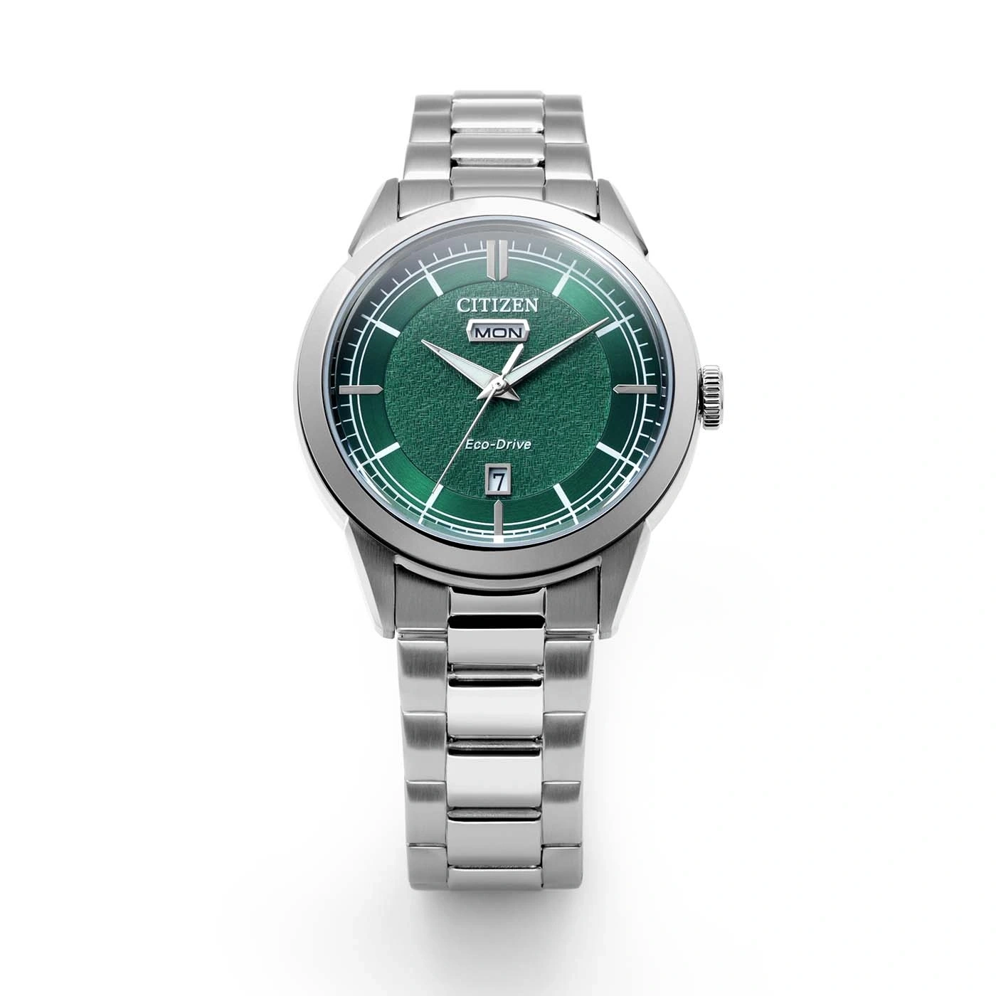A Citizen Eco-Drive watch with a green dial and silver band.
