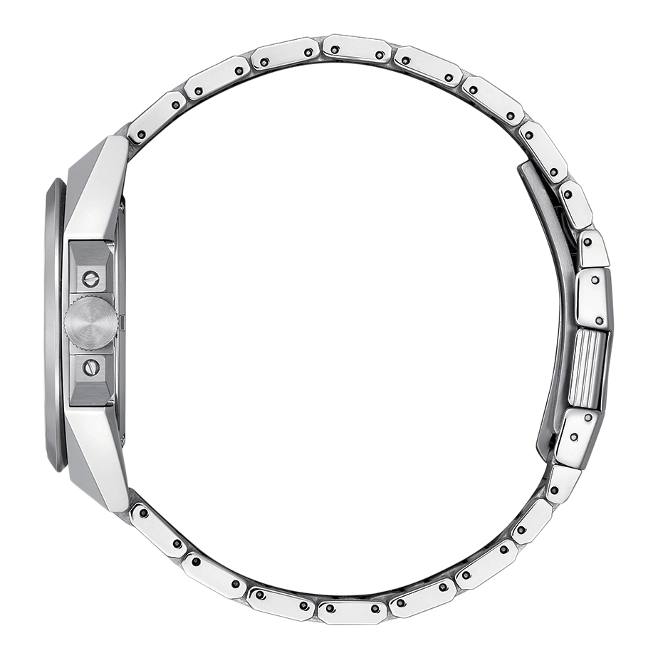 Silver watch side view with a metal strap and a round dial.