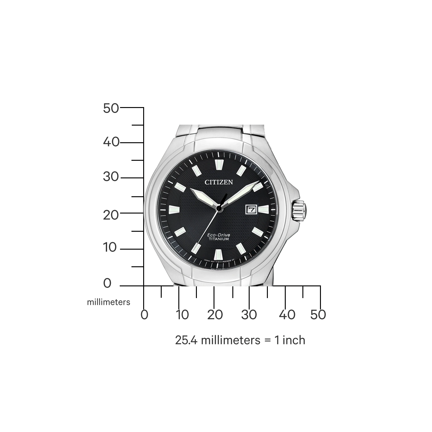 Citizen watch with black face, titanium, Eco-Drive, date display, and silver band.