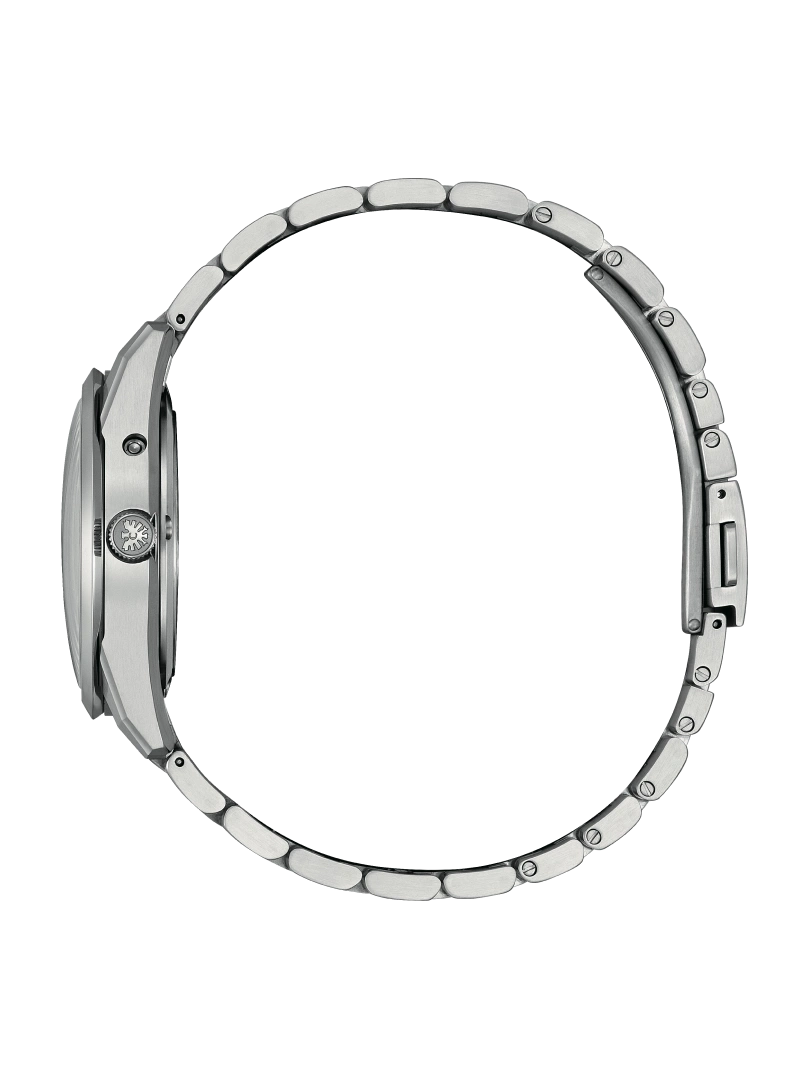 Side view of a silver wristwatch with a metal band on a black background.