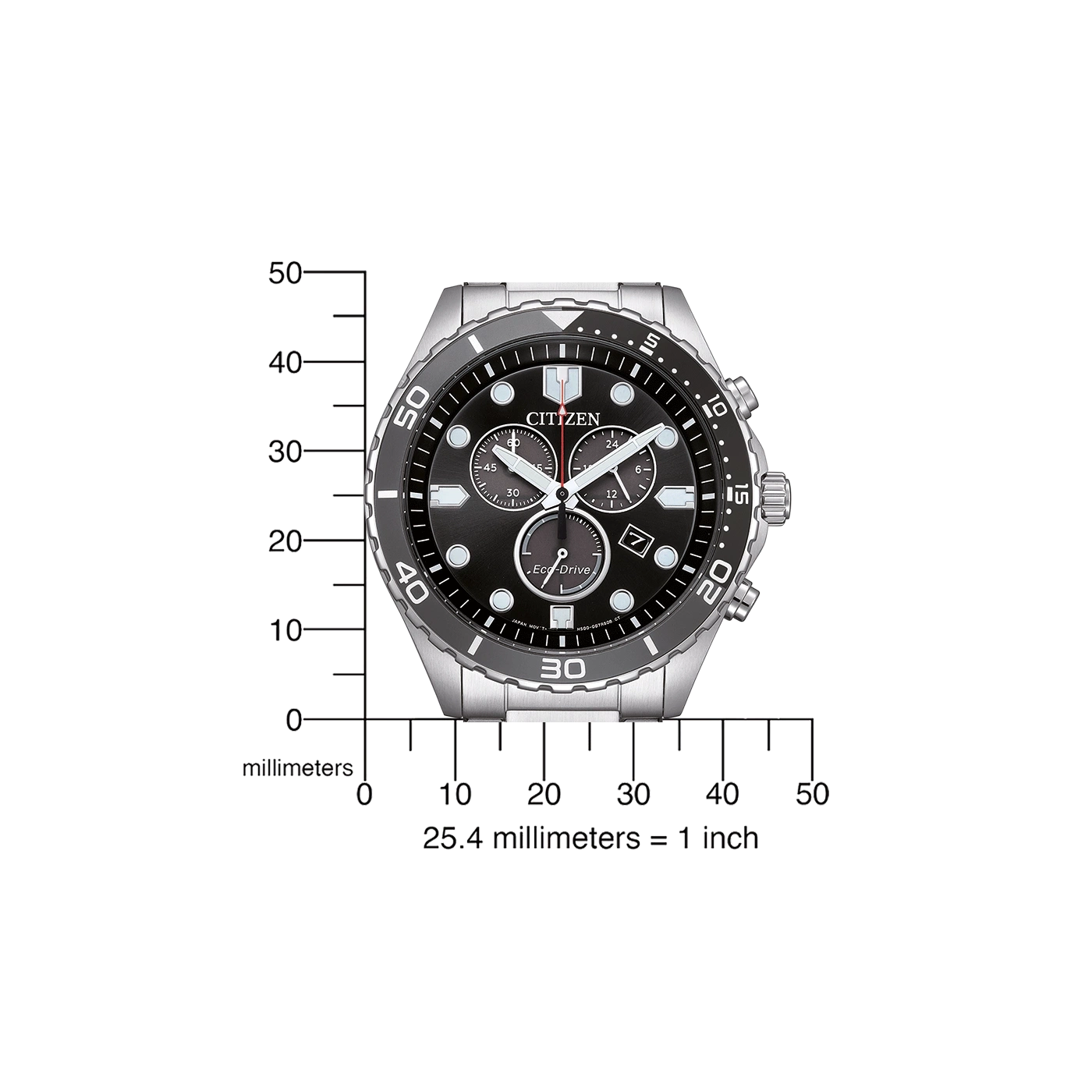 Citizen watch with black dial and measurement scale in millimeters.