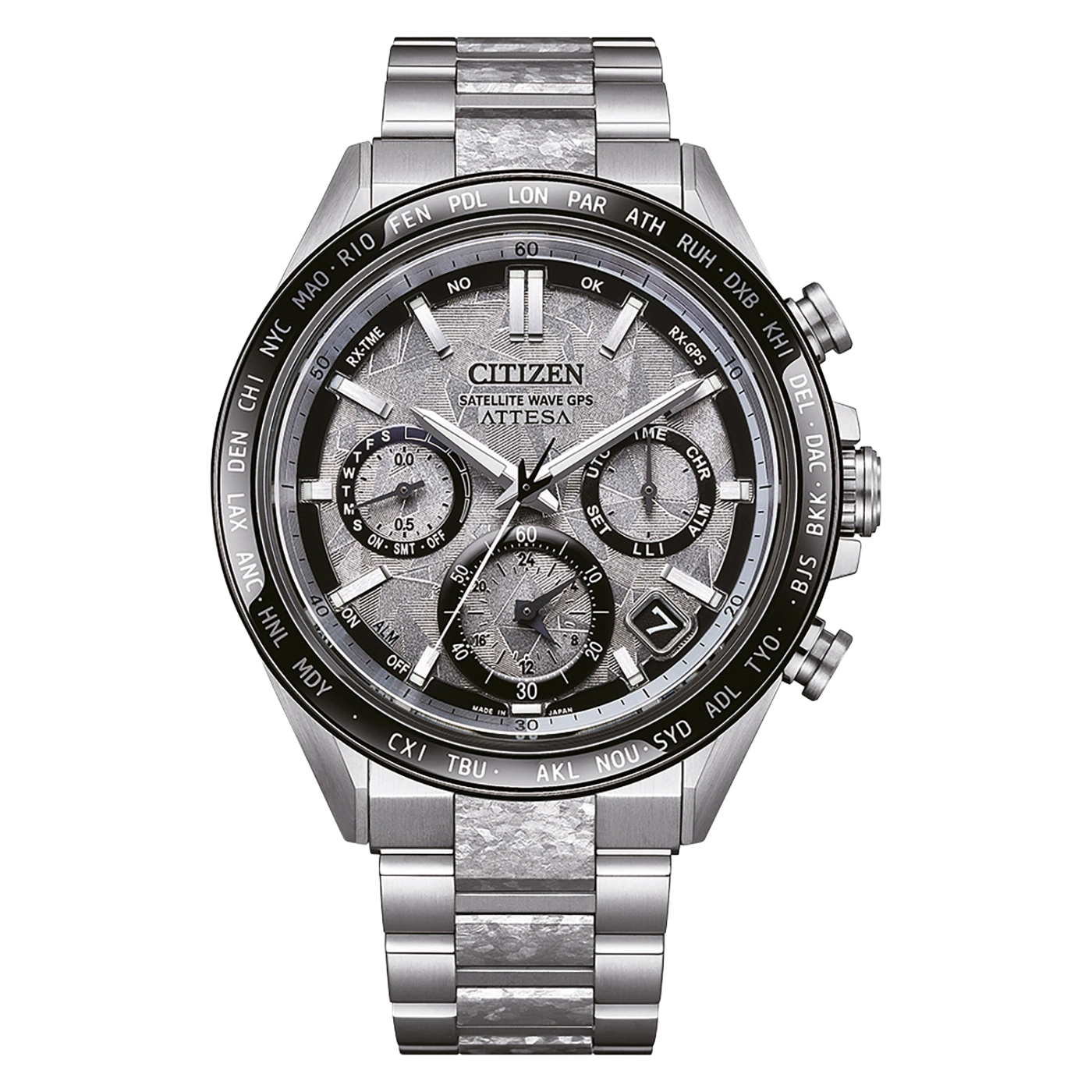 A silver Citizen satellite wave GPS watch with a textured dial and bracelet.