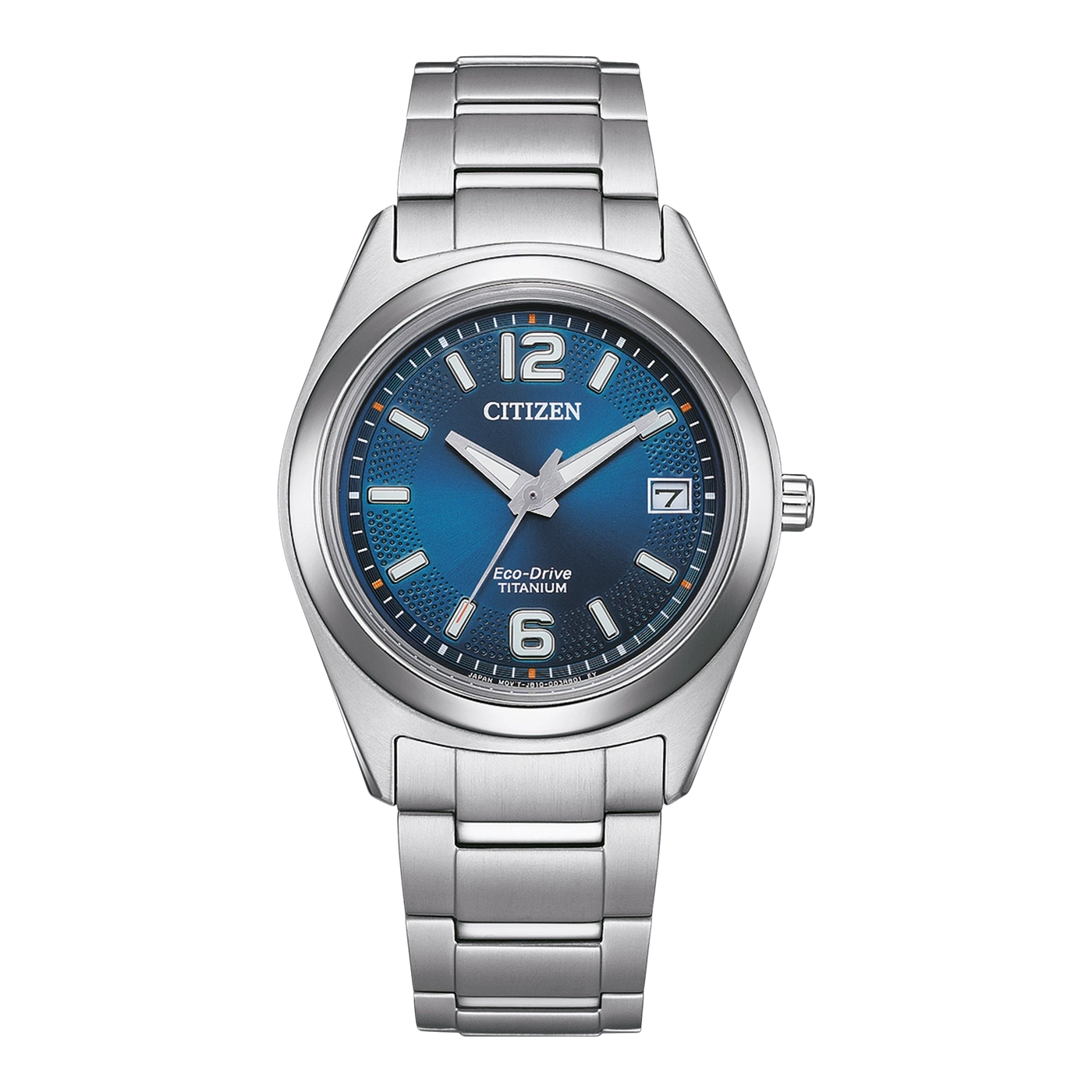 Citizen watch with blue dial and titanium strap, Eco-Drive technology.