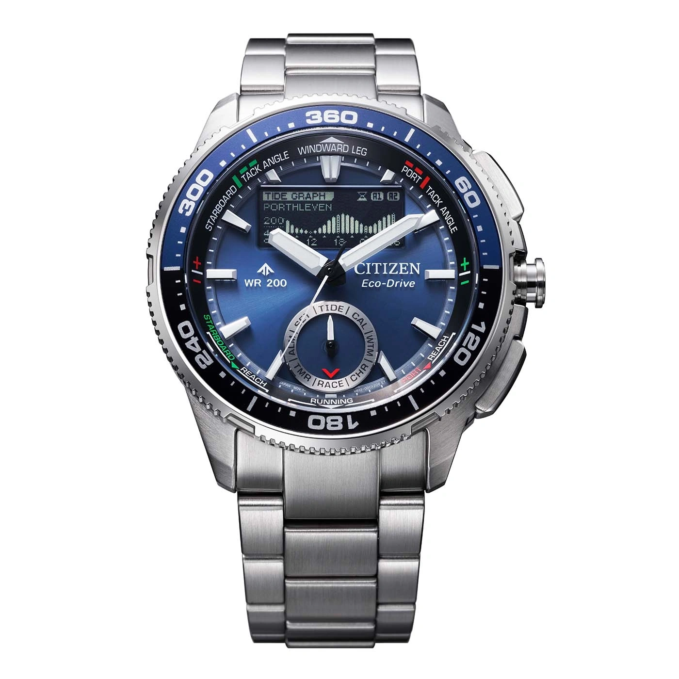 A close-up view of a Citizen Eco-Drive watch with a blue dial and metal band.
