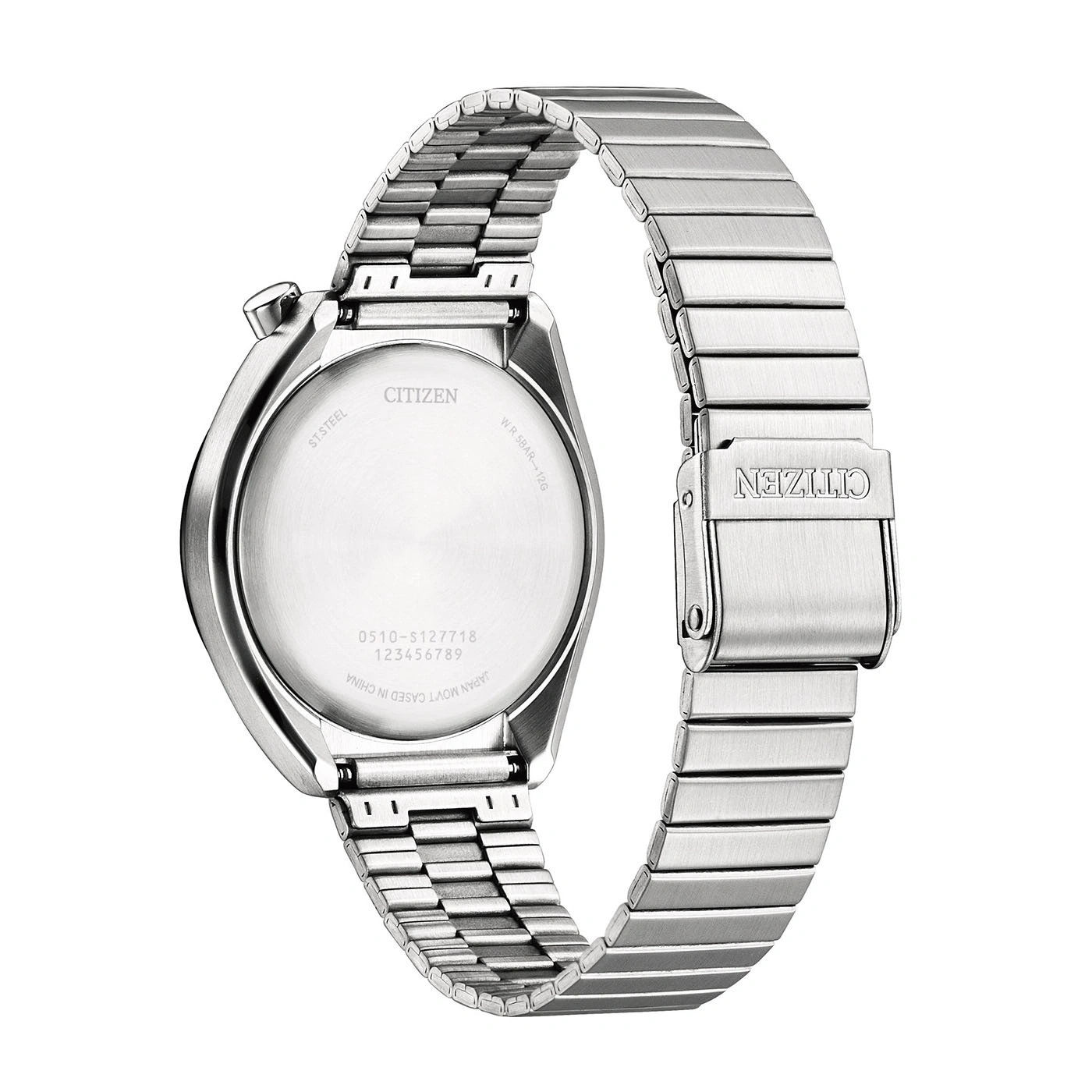 Back of a silver Citizen watch with a metal band.