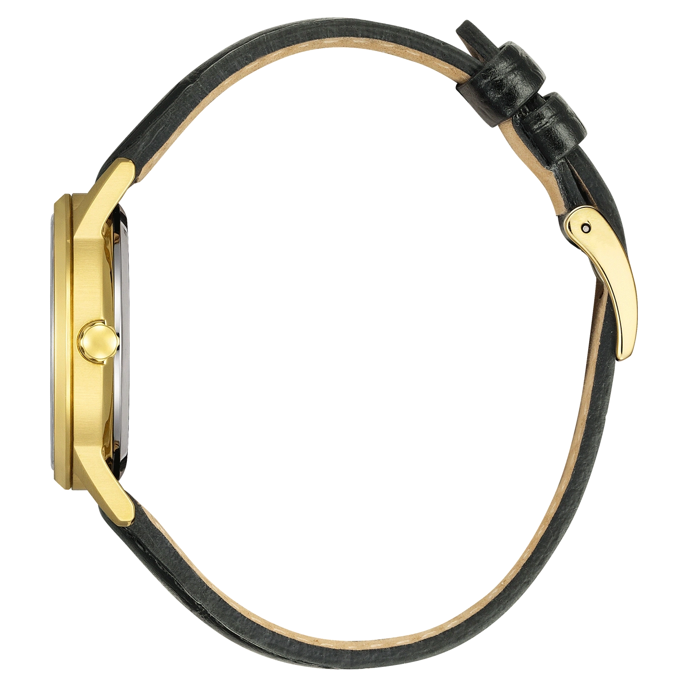Gold watch with black leather strap, side view, elegant design, luxury accessory