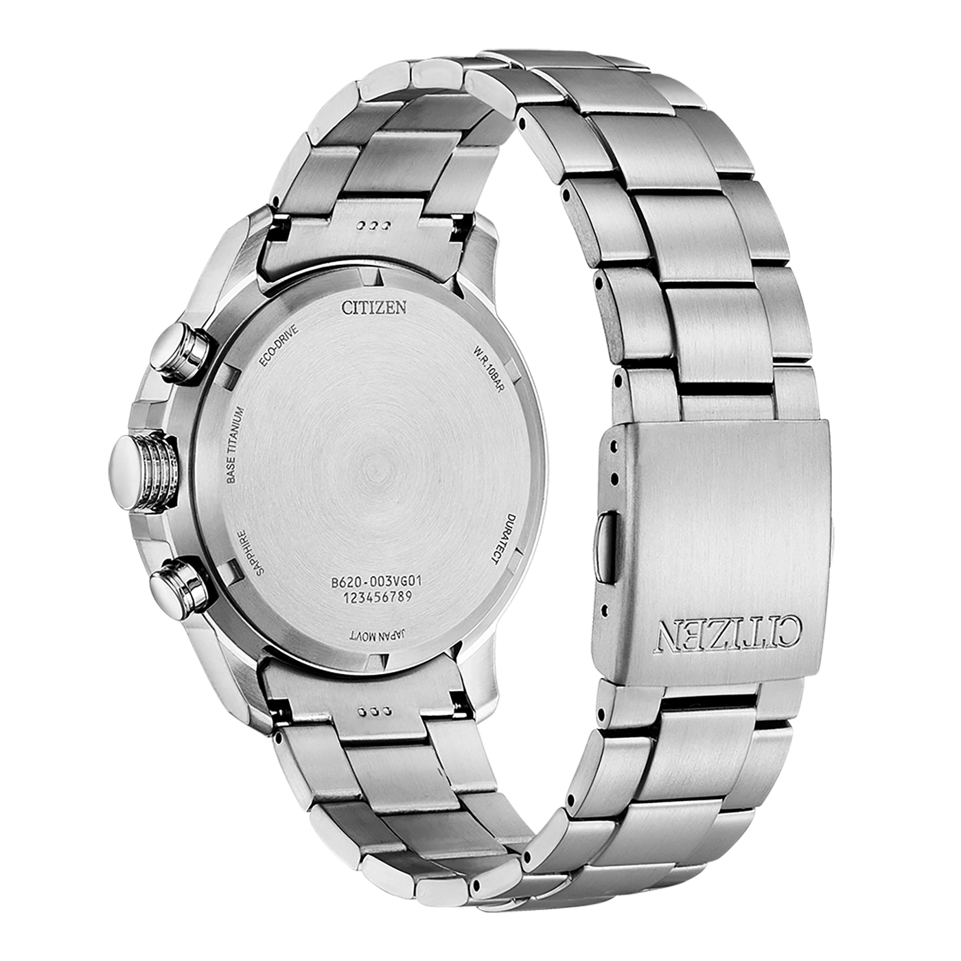 Citizen watch back with details: sapphire, titanium, eco-drive, and more.
