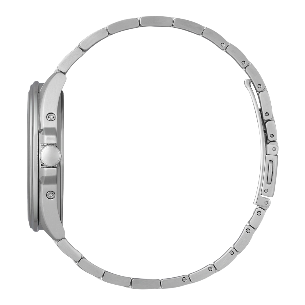 Side view of a silver wristwatch with a metal band and clasp.