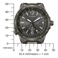 Citizen watch with a dark gray dial and a GMT function, with a scale in millimeters.