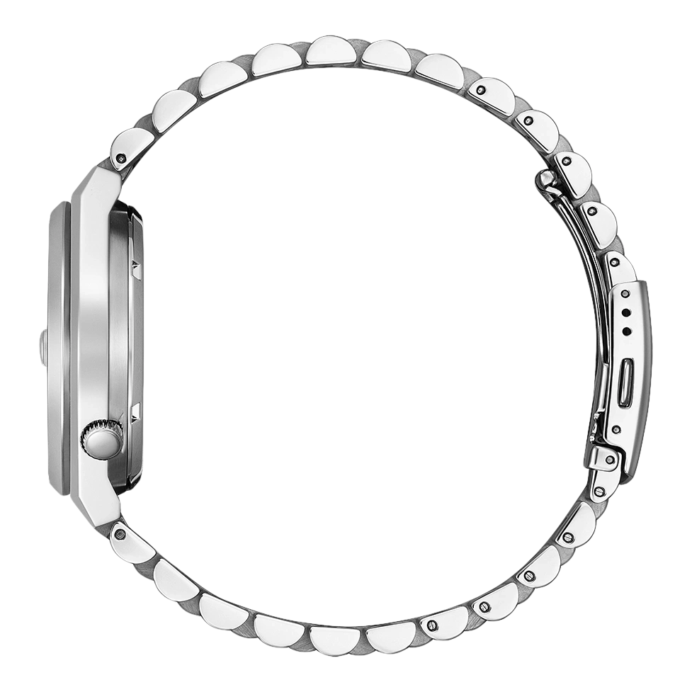 Side view of a silver wristwatch with a metal band, elegant design.